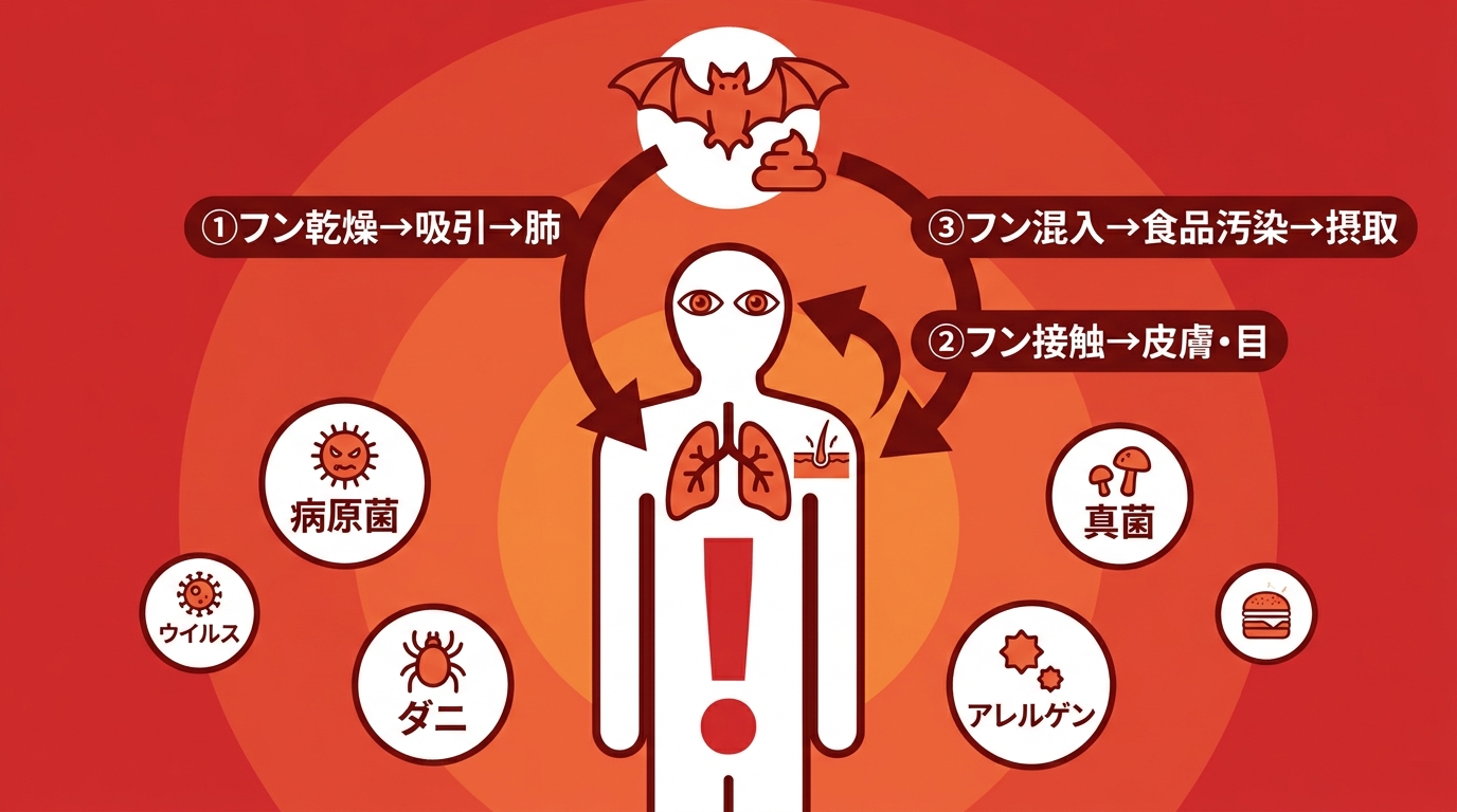 コウモリのフンによる健康被害の経路を示す図解。中央の警告マークと人体シルエット、周囲に病原菌・ウイルス・ダニのアイコン、吸引・接触・食品汚染の3経路を矢印で表現