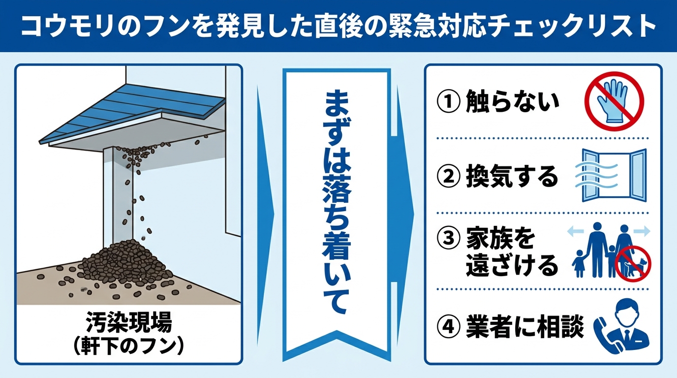 コウモリのフンを発見した直後の緊急対応チェックリスト。触らない・換気する・家族を遠ざける・業者に相談の4項目を日本語で表記