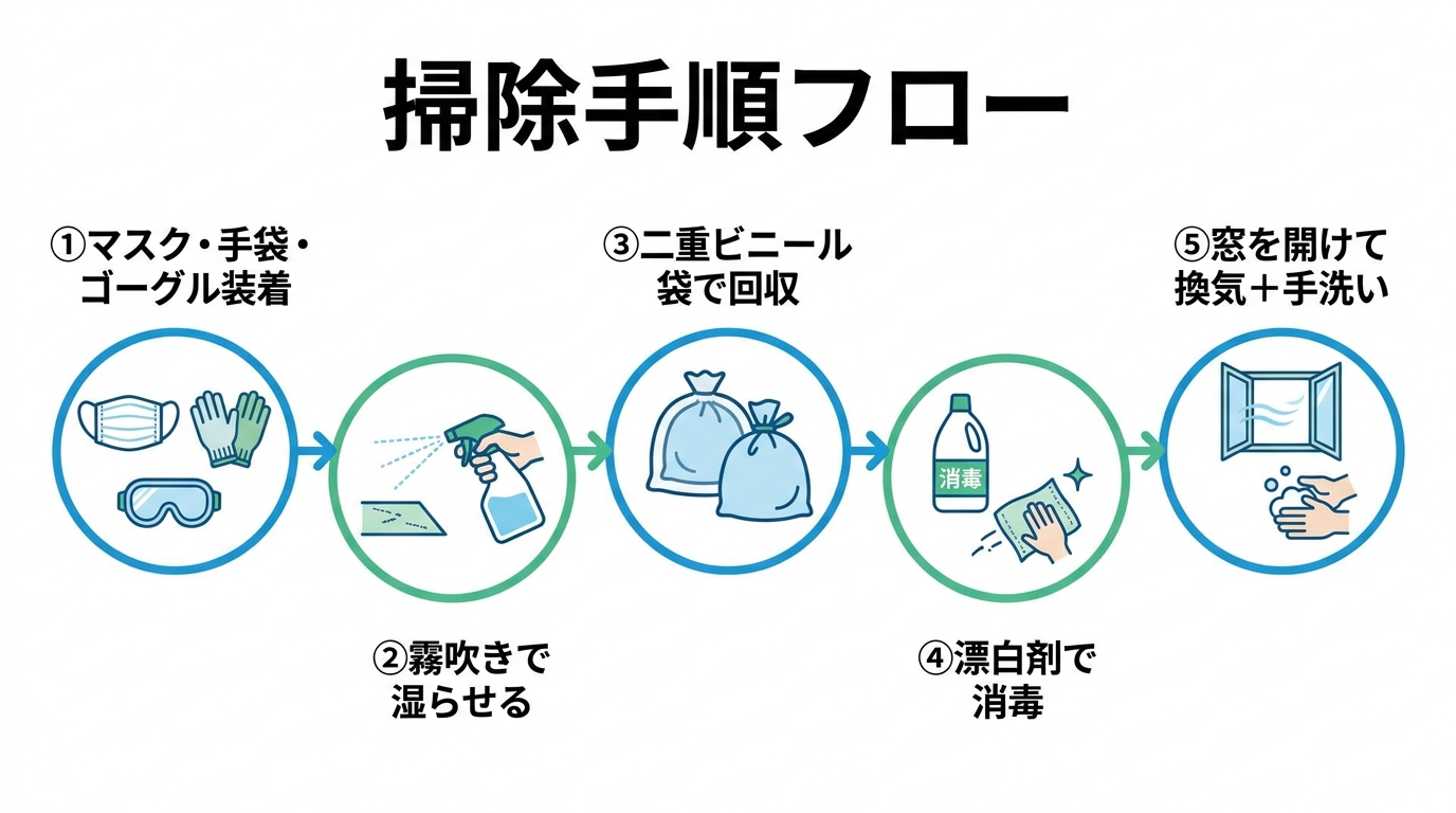 コウモリのフンによる4つの健康被害を警告する図解。ヒストプラズマ症・クリプトコッカス症・ダニノミ・呼吸器症状を日本語で表記
