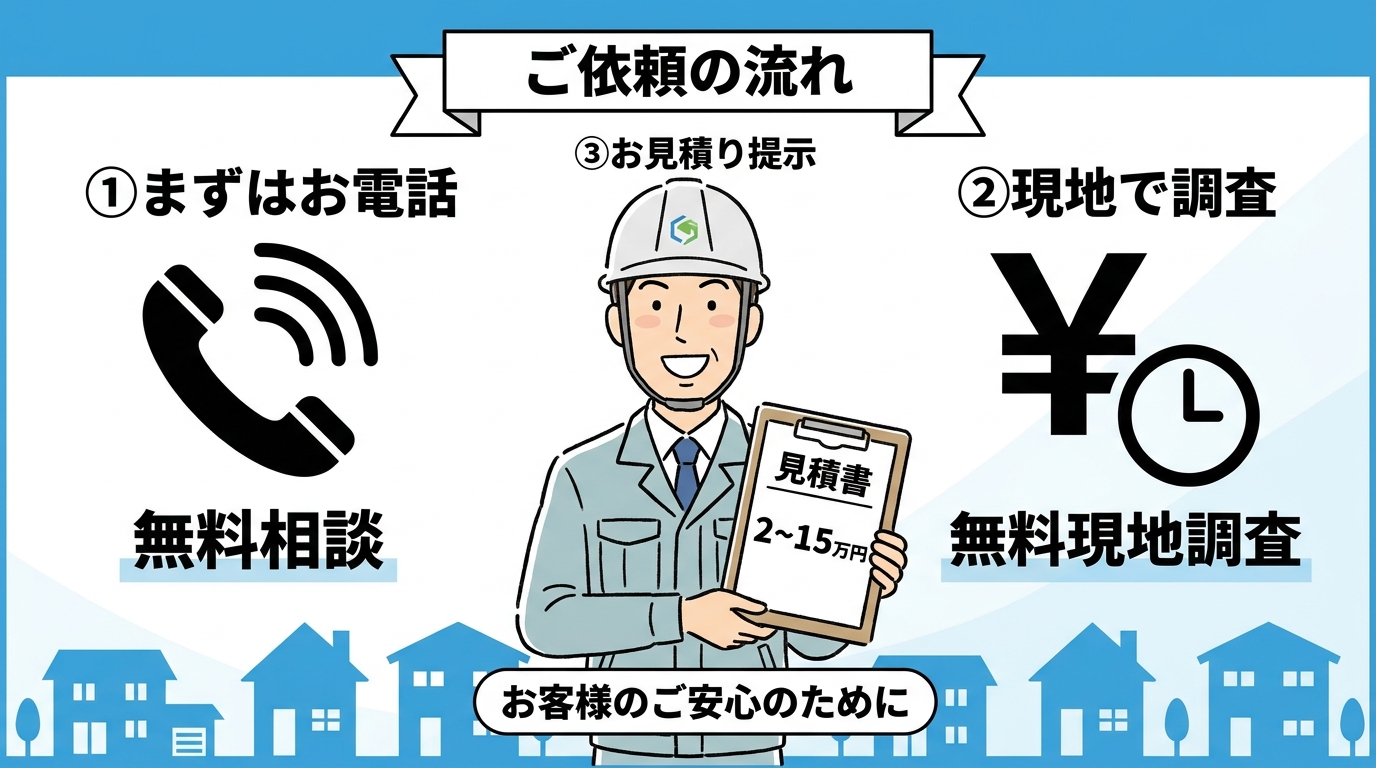 プロの害獣駆除業者の費用相場を示す図解。作業服姿の業者と見積書（2〜15万円）、電話アイコン、無料現地調査を表す時計を配置