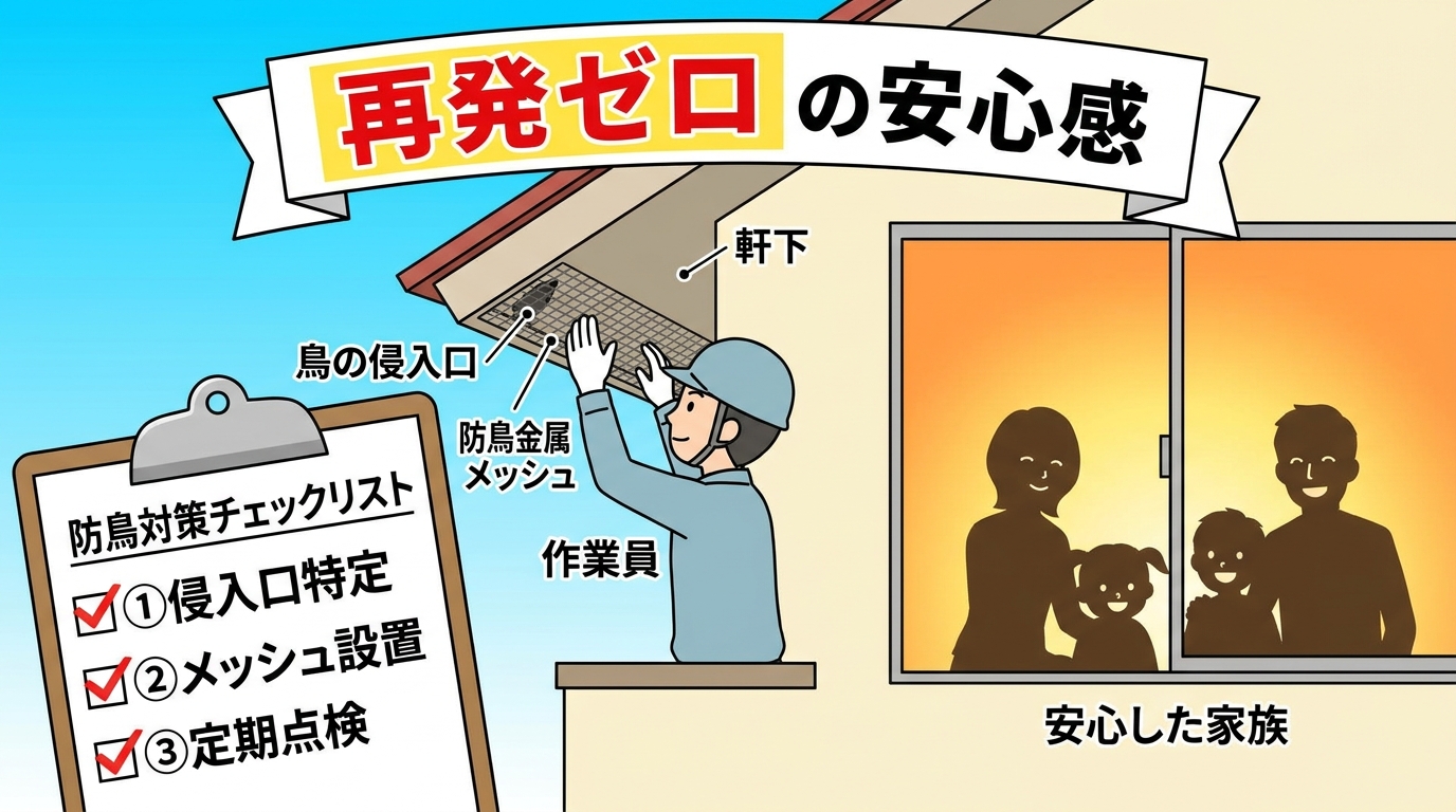 コウモリの再発防止策を示すイラスト。住宅軒下の防鳥ネット設置、侵入口封鎖、定期点検のチェックリスト、家族のシルエットで安心感を表現