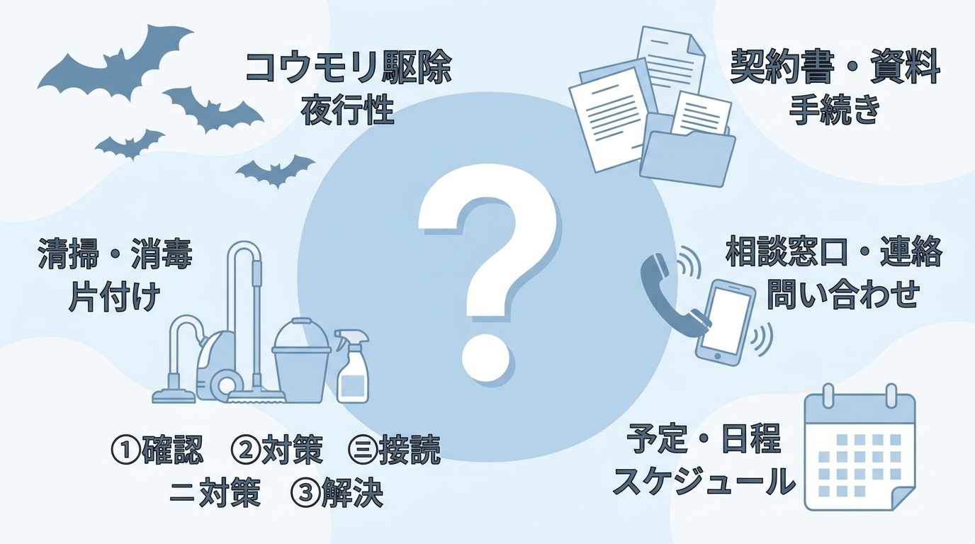 プロの害獣駆除業者に依頼する様子を示すイラスト。見積書2〜15万円と道具箱、住宅軒下を配置