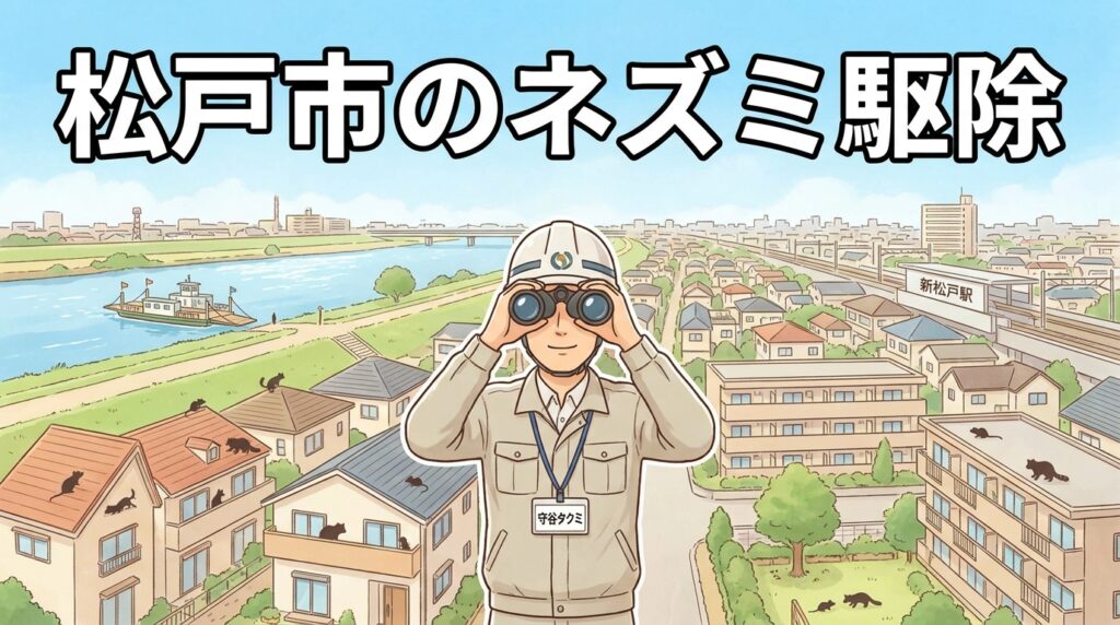 松戸市のネズミ・害獣駆除をテーマにしたアイキャッチ画像。江戸川と矢切の渡し、新松戸駅周辺の住宅街を背景に、屋根裏や庭にネズミ・アライグマ・ハクビシンのシルエット。中央に獣害対策アドバイザー守谷タクミが双眼鏡で観察する姿。画像上部に「松戸市のネズミ駆除」の白文字タイトル。