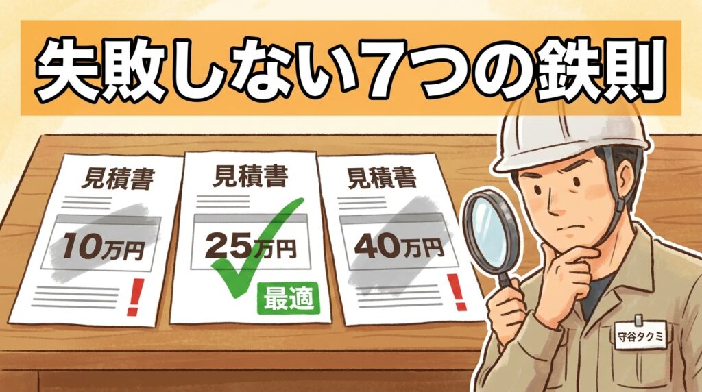 害獣駆除の見積もり比較をテーマにしたアイキャッチ画像。机の上に3枚の見積書が並び、左「10万円・注意」中央「25万円・最適」右「40万円・注意」と表示。右側に守谷タクミが虫眼鏡で検討している姿。上部に「失敗しない7つの鉄則」の大きな白文字タイトルで、見積もり比較の判断基準を視覚化。