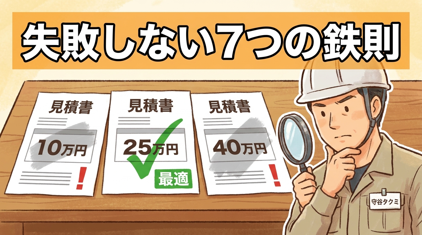 害獣駆除の見積もり比較をテーマにしたアイキャッチ画像。机の上に3枚の見積書が並び、左「10万円・注意」中央「25万円・最適」右「40万円・注意」と表示。右側に守谷タクミが虫眼鏡で検討している姿。上部に「失敗しない7つの鉄則」の大きな白文字タイトルで、見積もり比較の判断基準を視覚化。