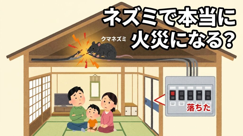 ネズミの電気配線齧りによる火災リスクを示すアイキャッチ画像。日本家屋の断面図で天井裏のクマネズミが配線を齧り火花が散る緊迫した場面と、下の部屋で家族（父親・母親・子ども）が心配そうに見上げる姿。右側に分電盤のブレーカーが落ちた様子と「落ちた」の赤文字表示。中央上部に「ネズミで本当に火災になる？」の大きな日本語タイトル。