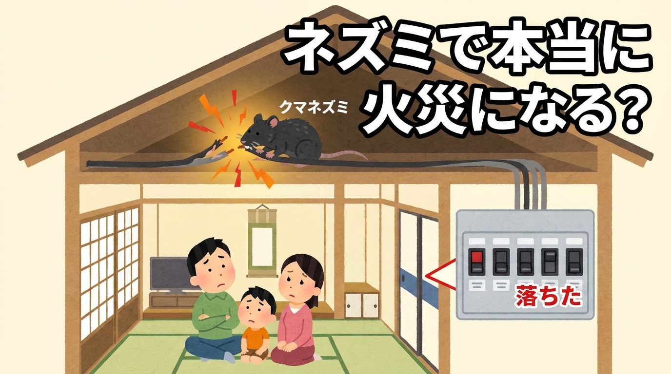 ネズミの電気配線齧りによる火災リスクを示すアイキャッチ画像。日本家屋の断面図で天井裏のクマネズミが配線を齧り火花が散る緊迫した場面と、下の部屋で家族（父親・母親・子ども）が心配そうに見上げる姿。右側に分電盤のブレーカーが落ちた様子と「落ちた」の赤文字表示。中央上部に「ネズミで本当に火災になる？」の大きな日本語タイトル。