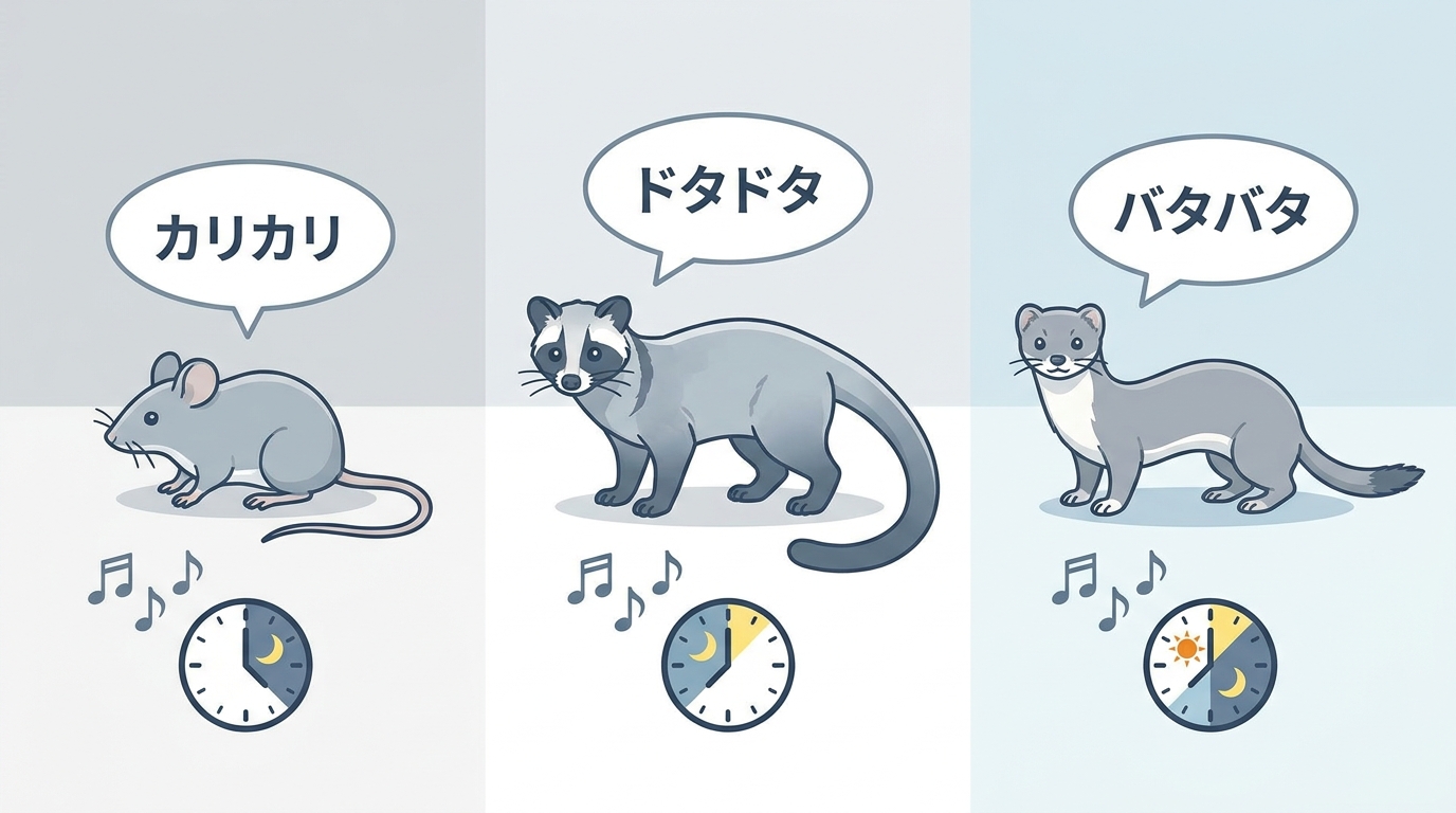 屋根裏の音で見分ける害獣3種の比較イラスト。ネズミは夜21時〜深夜3時にカリカリ音、ハクビシンは日付変わる前後にドタドタ音、イタチは夕方・早朝・日中にバタバタ音。各害獣の下に音符と活動時間帯を示す時計アイコン付き