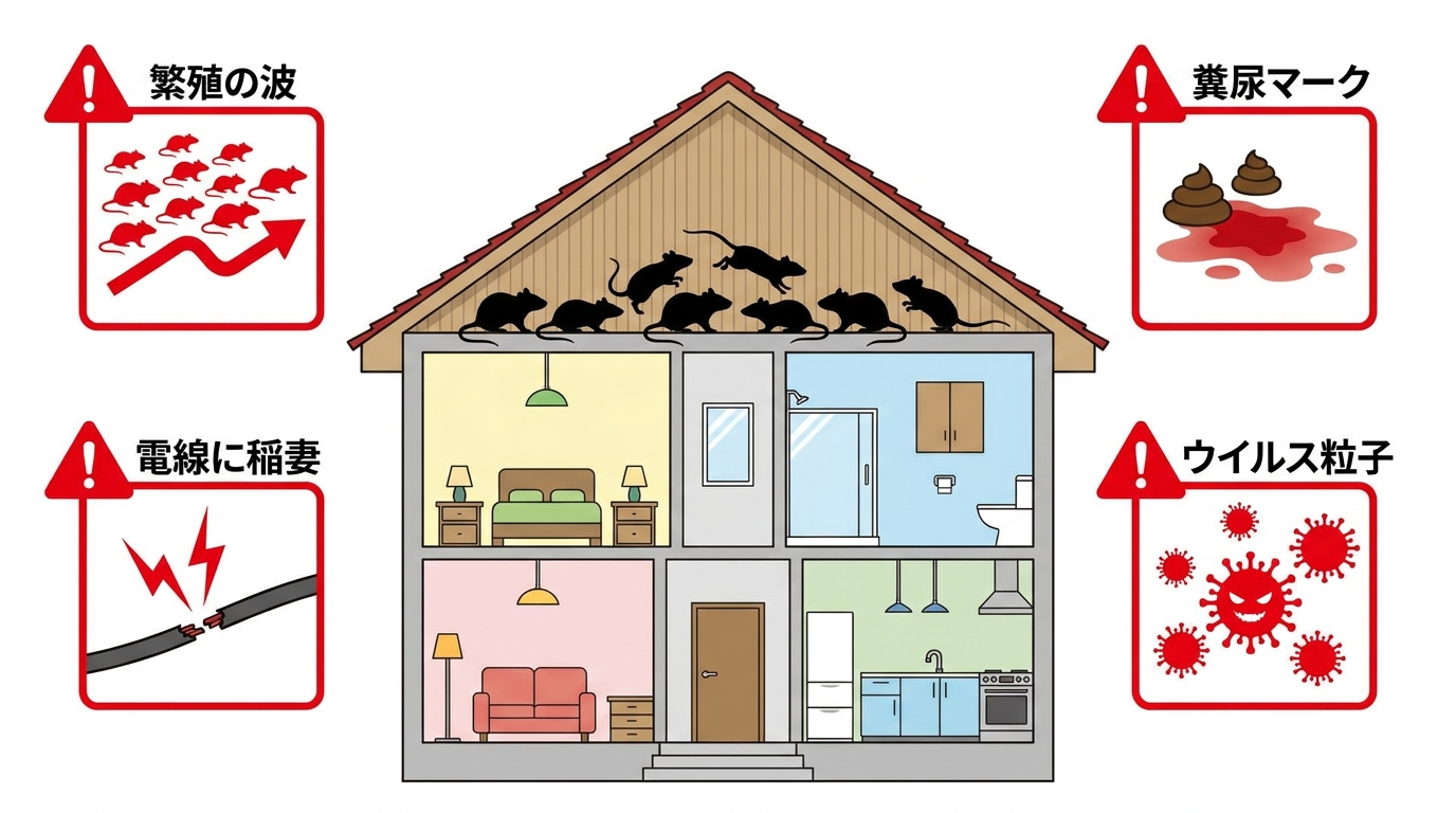 ネズミを屋根裏に放置した場合に起こる4つのリスクを示す図解。住宅断面図の屋根裏にネズミのシルエット、周囲に繁殖による個体数増加、糞尿による天井・断熱材の汚損、電気配線の損傷と火災、感染症やアレルギーなどの健康被害のアイコンを配置