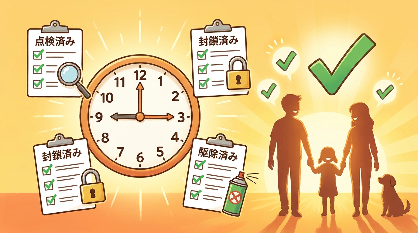ネズミ対策を完了して安心を取り戻した家庭を表現したイラスト。中央の時計が「今すぐ動こう」を示し、周囲に点検済み・封鎖済み・駆除済みのチェックマーク付きタスクリスト、笑顔の家族のシルエット