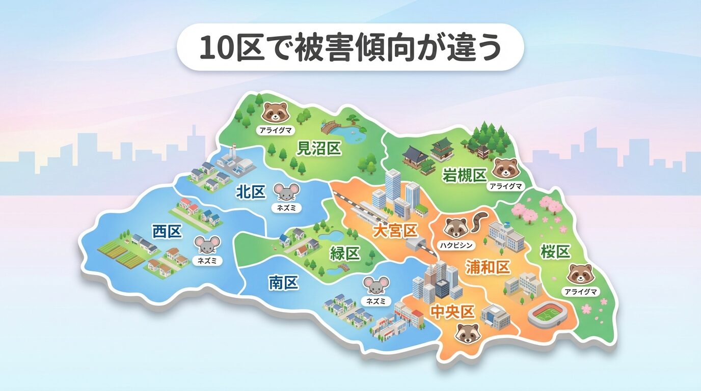 さいたま市の害獣被害を10区別に色分けした地図イラスト。見沼区・岩槻区・大宮区・浦和区・緑区など各区の害獣分布を視覚化したインフォグラフィック。