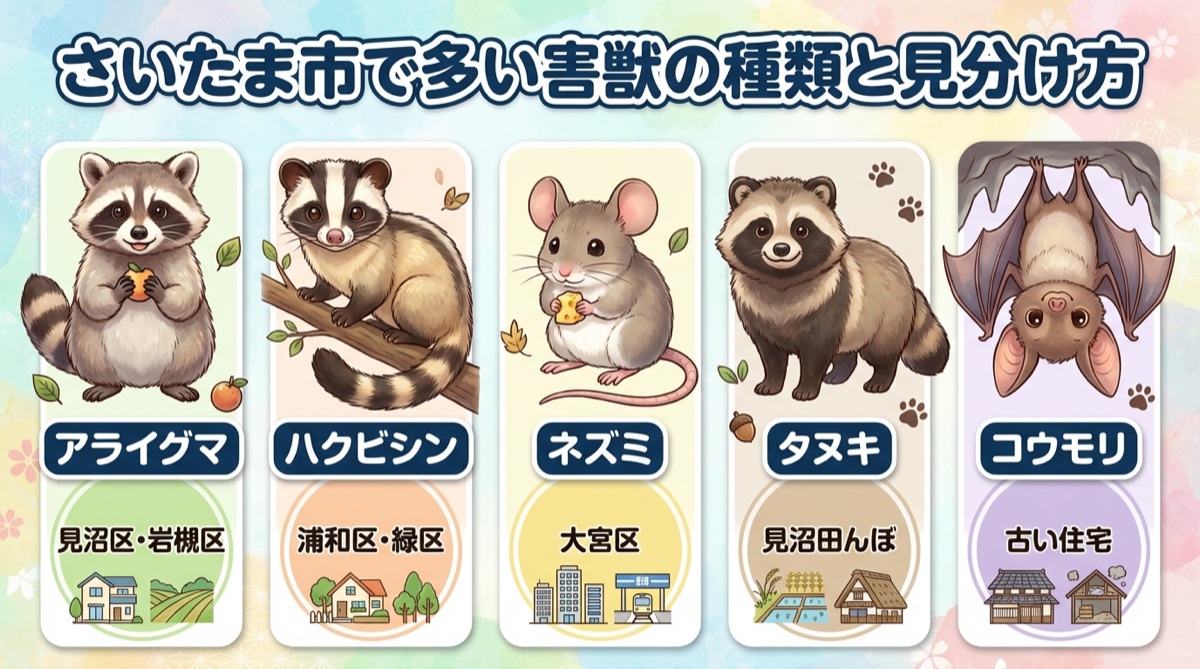 さいたま市で多い害獣5種（アライグマ・ハクビシン・ネズミ・タヌキ・コウモリ）の見分け方をカード形式で並べたインフォグラフィック。各害獣のイラストとよく見られるエリアを併記。
