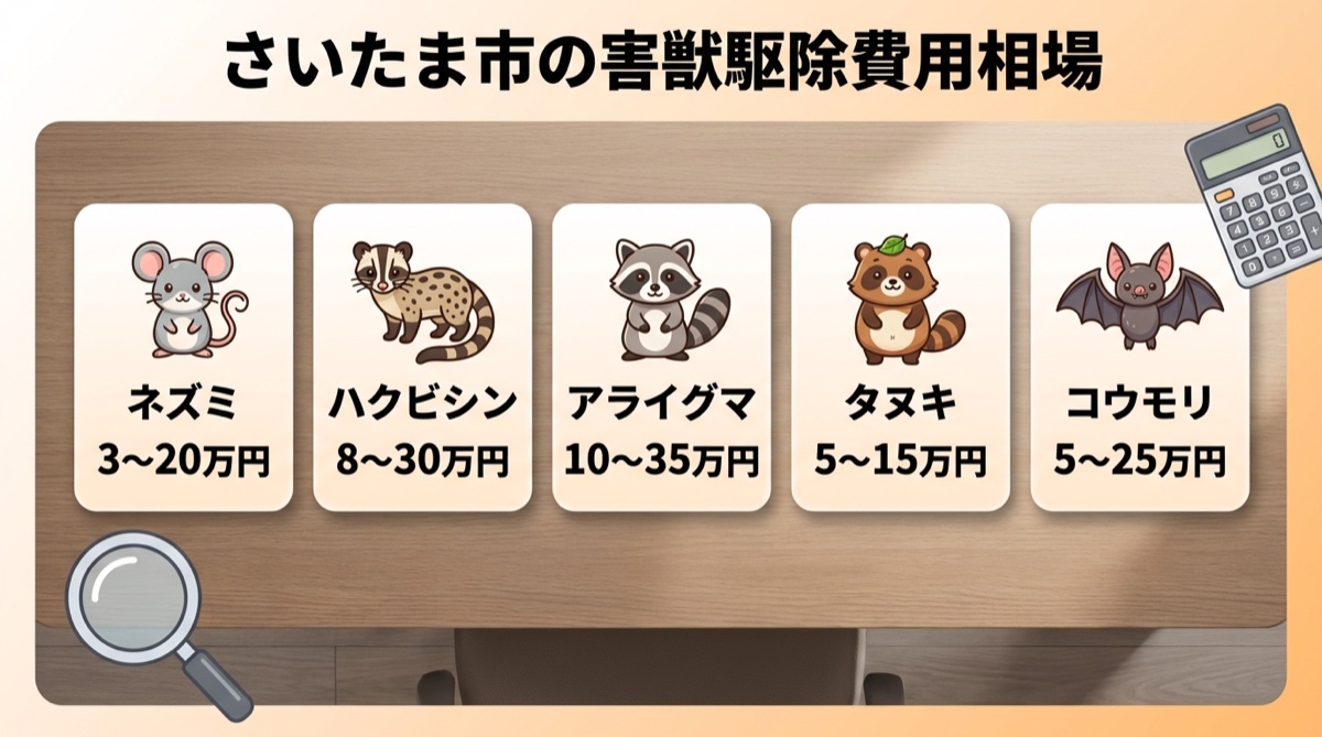 さいたま市の害獣駆除費用相場をカード形式で示したインフォグラフィック。ネズミ3〜20万円、ハクビシン8〜30万円、アライグマ10〜35万円、タヌキ5〜15万円、コウモリ5〜25万円。