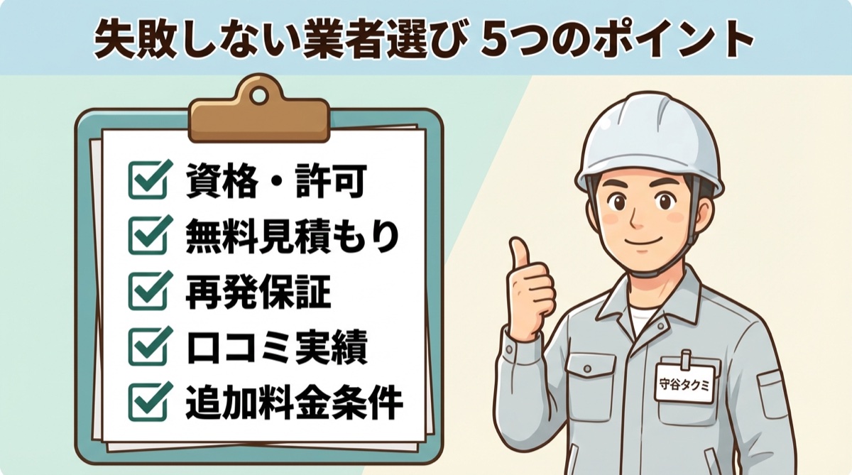 失敗しない業者選び5つのポイント（資格・許可、無料見積もり、再発保証、口コミ実績、追加料金条件）をクリップボードに記載し、守谷タクミの作業着姿の男性が訴求するインフォグラフィック。