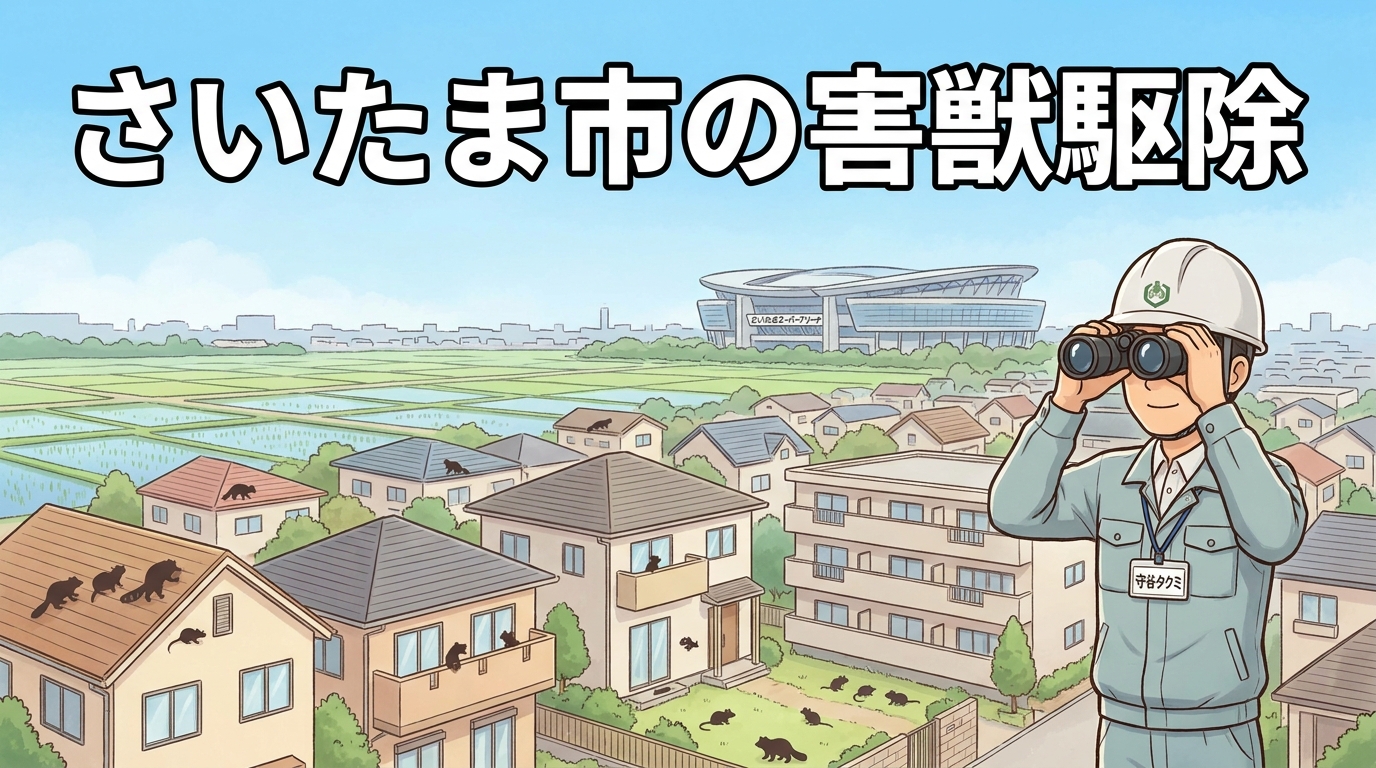 さいたま市の害獣駆除をテーマにしたアイキャッチ画像。さいたまスーパーアリーナの景観と見沼田んぼが遠景に広がり、手前には住宅地に小さくアライグマ・ハクビシン・ネズミのシルエットが配置。右側に獣害対策アドバイザー守谷タクミが双眼鏡で観察している姿。画像上部に「さいたま市の害獣駆除」の白文字タイトル。
