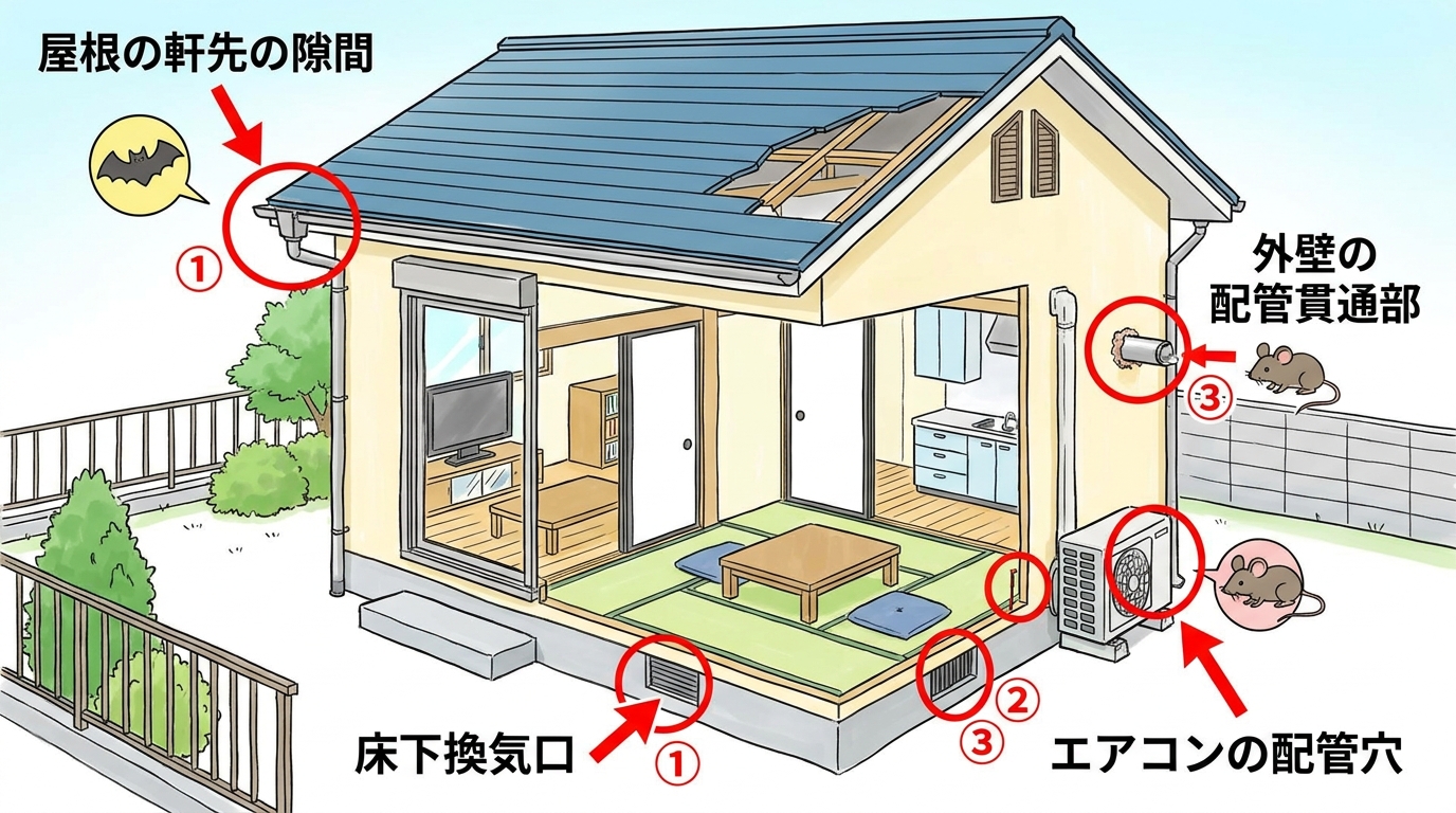 住宅の外観断面図で害獣の侵入口の場所を示すイラスト。屋根の軒先の隙間、床下換気口、外壁の配管貫通部、エアコンの配管穴など複数の侵入ポイントに赤い丸印や矢印が付いた図解。各ポイントにはネズミやコウモリのシルエットアイコンが添えられ、俯瞰気味のアングルで分かりやすく丁寧に描写。