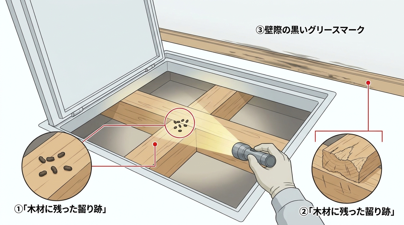 害獣の侵入口を見つける痕跡調査の方法を示すイラスト。懐中電灯を手に持ち床下点検口から屋内を照らして点検している人物の視点で、梁の上の糞の痕跡、木材の齧り跡、壁際の黒いグリースマークをクローズアップで描写。探偵が証拠を調べるような丁寧で専門的なシーン。