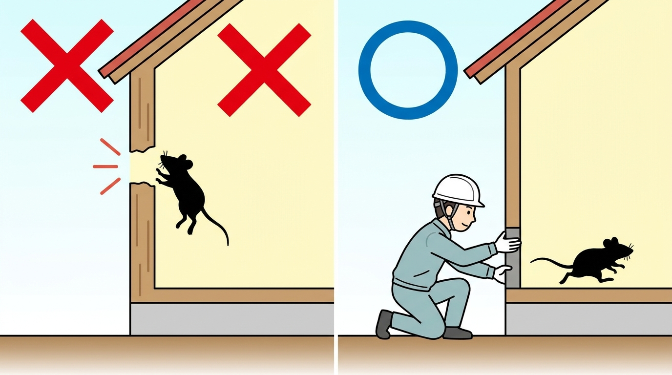 侵入口を塞ぐ前に内部確認が必要な理由を示す2コマ対比イラスト。左側は侵入口を塞いだ後に内部で身動きが取れなくなったネズミのシルエットとバツマークで失敗例を表現。右側は害獣が外に追い出されたことを確認してから塞いでいる作業者と丸マークで成功例を表現。シンプルで明快な比較図。