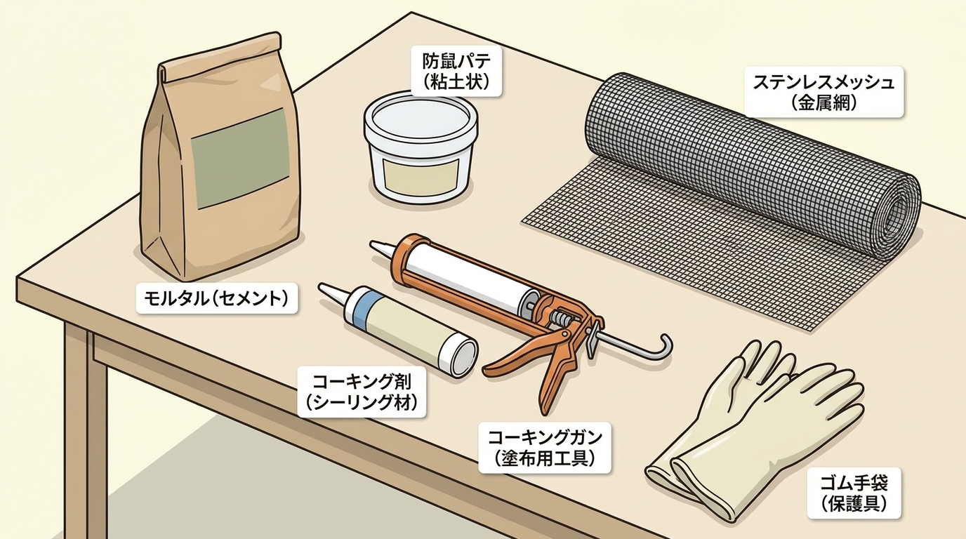 害獣の侵入口を塞ぐ材料セットを示す実用図解イラスト。作業台にステンレスメッシュ・コーキングガン・コーキング剤・防鼠パテ・モルタル袋が整然と並んだ俯瞰構図。右手前にはゴム手袋が配置され、それぞれに日本語ラベルが貼られた信頼感のあるビジュアル。