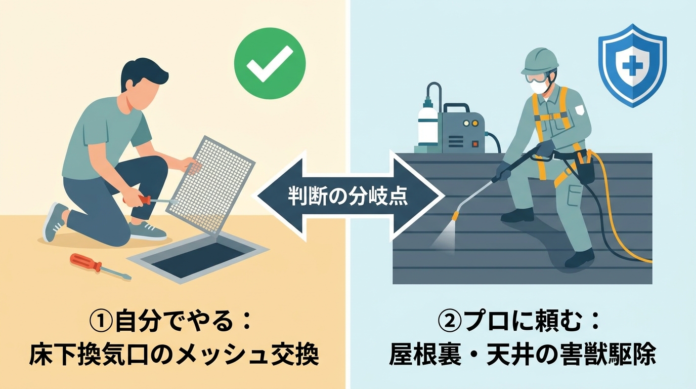 DIYか業者依頼かの判断基準を示す左右対比イラスト。左側は道具を持って床下換気口のメッシュ交換をDIY作業する人物と緑のチェックマーク。右側は害獣駆除業者のユニフォームを着たプロが屋根上で作業する場面と青い安心マーク。中央に判断分岐の矢印が配置されたフラットデザイン。