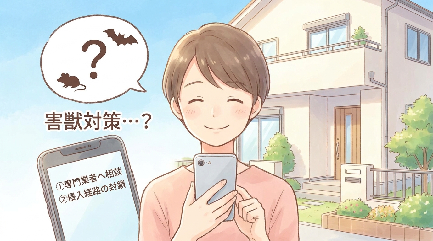 害獣の侵入口対策に関するFAQを示すイラスト。青空の下、スマートフォンを手に持ち疑問を解決している人物の姿。吹き出しの中には「？」マークとネズミ・コウモリなど小さな害獣シルエットが配置され、背景には清潔感のある住宅外観。安心感のあるあたたかみのあるタッチで表現。