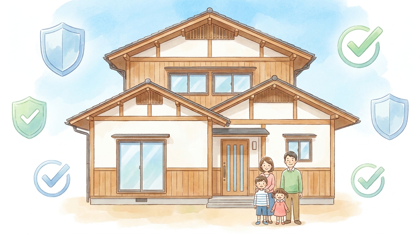 侵入口を正しく塞いで再発を防ぐまとめイラスト。青空の下に建つ清潔感のある日本の一戸建て住宅で、外壁・換気口・屋根周りがすべて丁寧に補修・封鎖されている様子。家族（大人と子ども）が安心した表情で玄関前に立ち、周囲に盾のアイコンとチェックマークが控えめに添えられた幸福感のある構図。