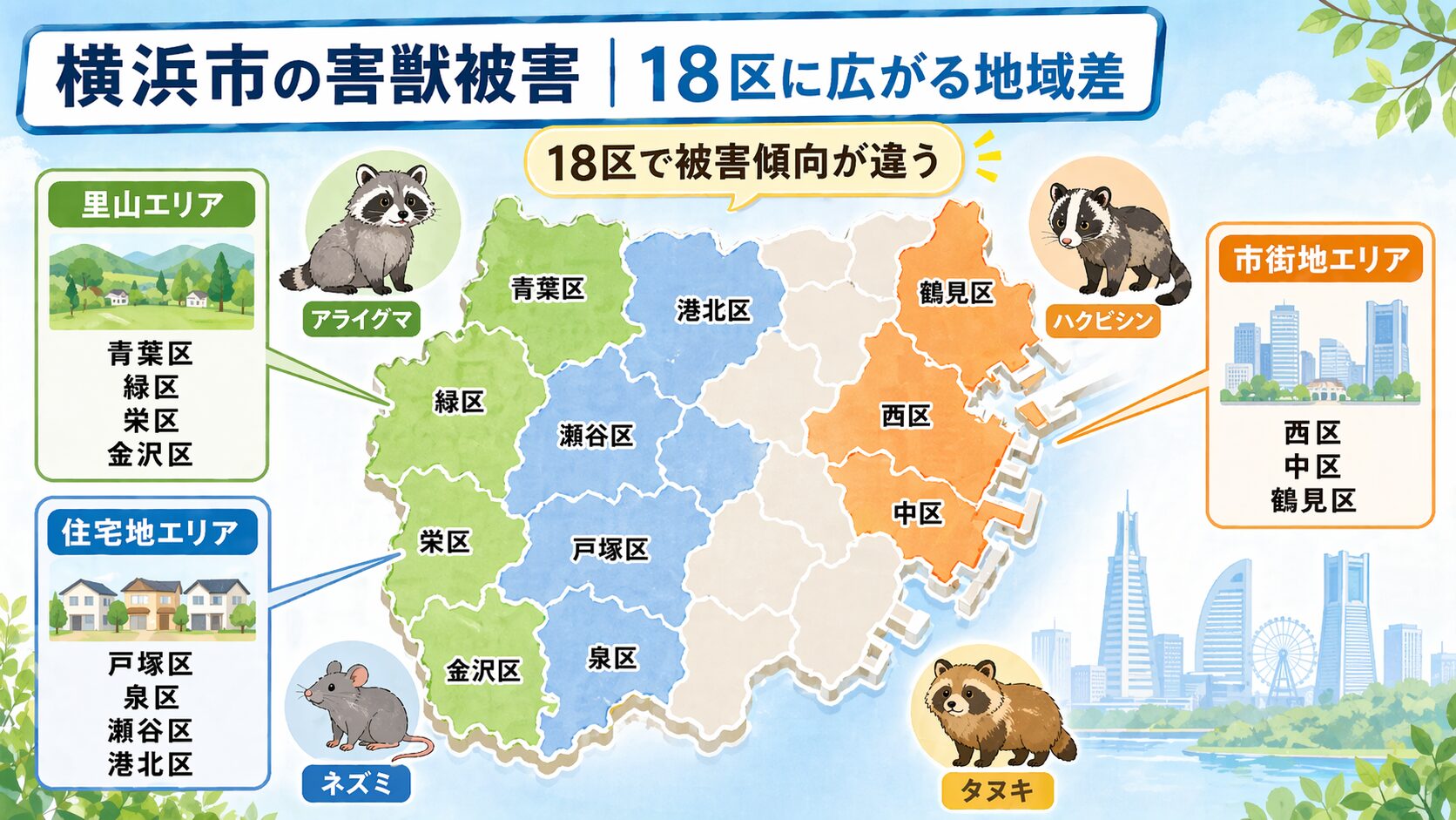 横浜市の害獣被害を18区別に色分けした地図インフォグラフィック。里山エリア（青葉区・緑区・栄区・金沢区）にアライグマ、住宅地エリア（戸塚区・泉区・瀬谷区・港北区）にネズミ、市街地エリア（西区・中区・鶴見区）にハクビシンとタヌキの分布を示し、みなとみらいの観覧車も描かれた18区に広がる地域差を視覚化したイラスト。