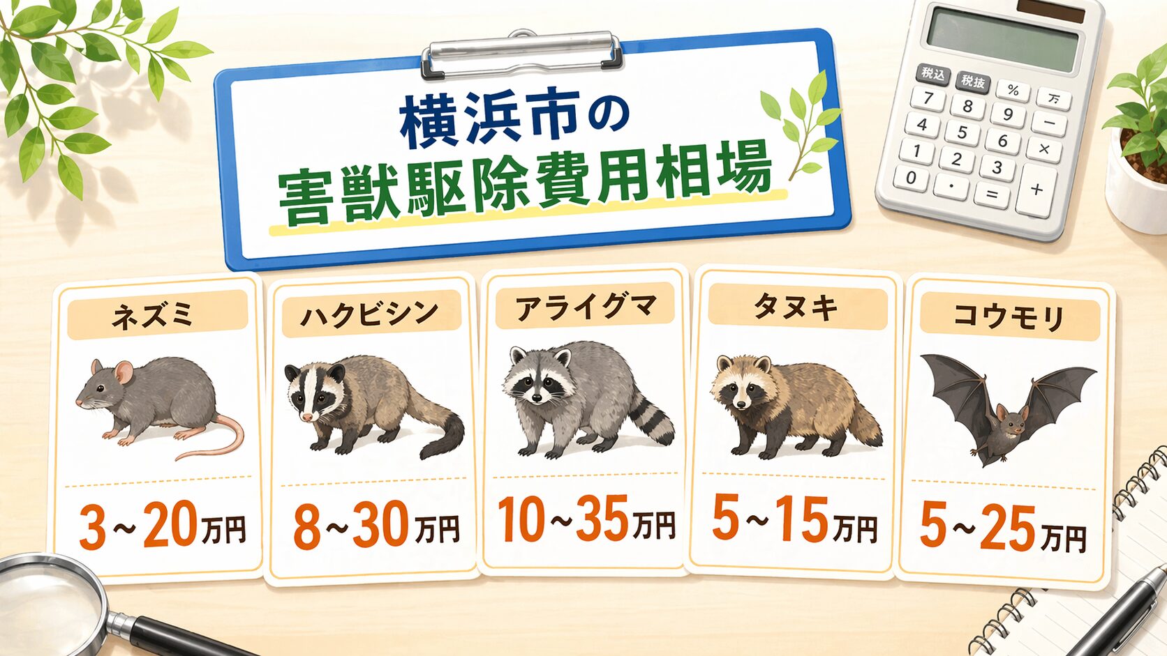 横浜市の害獣駆除費用相場をクリップボードと電卓で示したインフォグラフィック。ネズミ3〜20万円、ハクビシン8〜30万円、アライグマ10〜35万円、タヌキ5〜15万円、コウモリ5〜25万円の費用を各害獣のイラスト付きカードで明示。