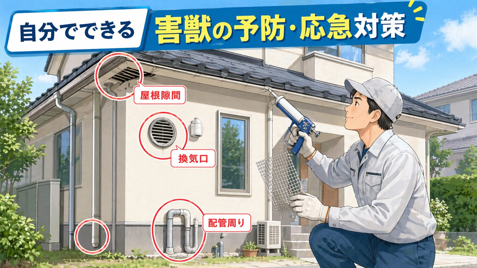 自分でできる害獣の予防・応急対策を、作業着姿の男性が住宅の屋根隙間・換気口・配管周りを点検しているイラストで表現。各侵入経路に赤い丸印とラベル付き。