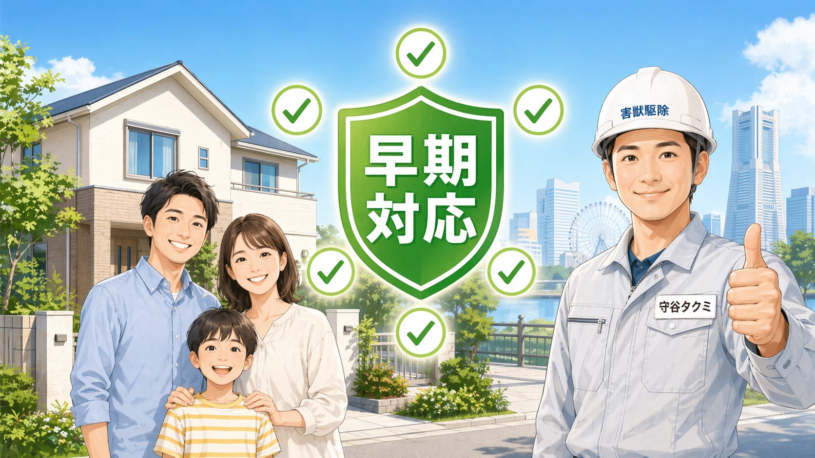 早期対応と業者選びがカギ。守谷タクミ風の作業着男性が親指を立て、家族（夫婦と子ども）が安心した笑顔で並ぶ。中央に「早期対応」のシールド、背景にみなとみらいの観覧車。
