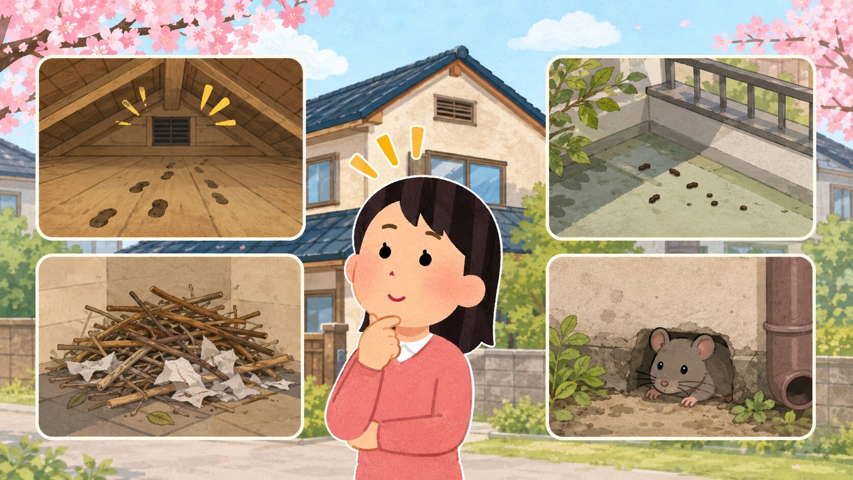 春の物音やフンのサインを見分けるイメージ