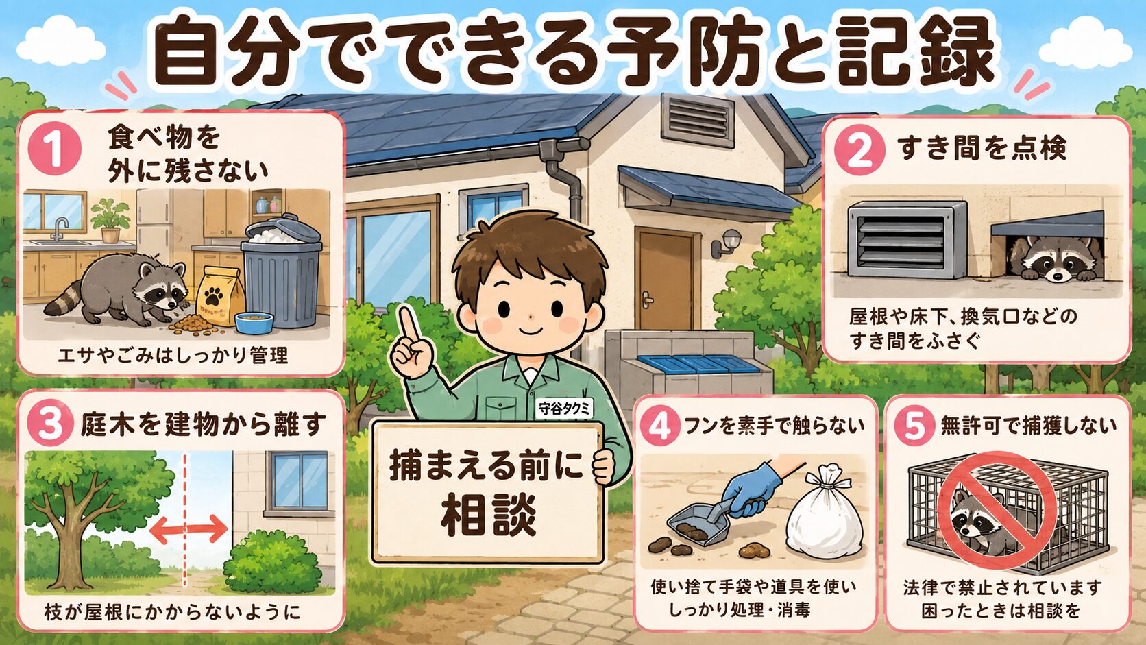 日野市の害獣被害で自分でできる予防と記録、食べ物管理、すき間点検、無許可捕獲を避ける注意点を整理した図解