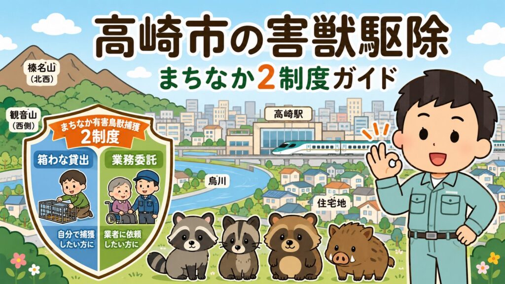 高崎市の害獣駆除を進めるための公式窓口・まちなか有害鳥獣捕獲2制度（箱わな貸出＋業務委託）・3窓口体制の総まとめ図解。アライグマ・ハクビシン・タヌキの家屋被害は環境部 環境政策課 環境企画担当（027-321-1251）、イノシシ・シカ・サルの農林被害は農政部 農林課 林業担当（027-321-1261）、ネズミなど衛生上の相談は保健医療部 生活衛生課（027-381-6116）が窓口。