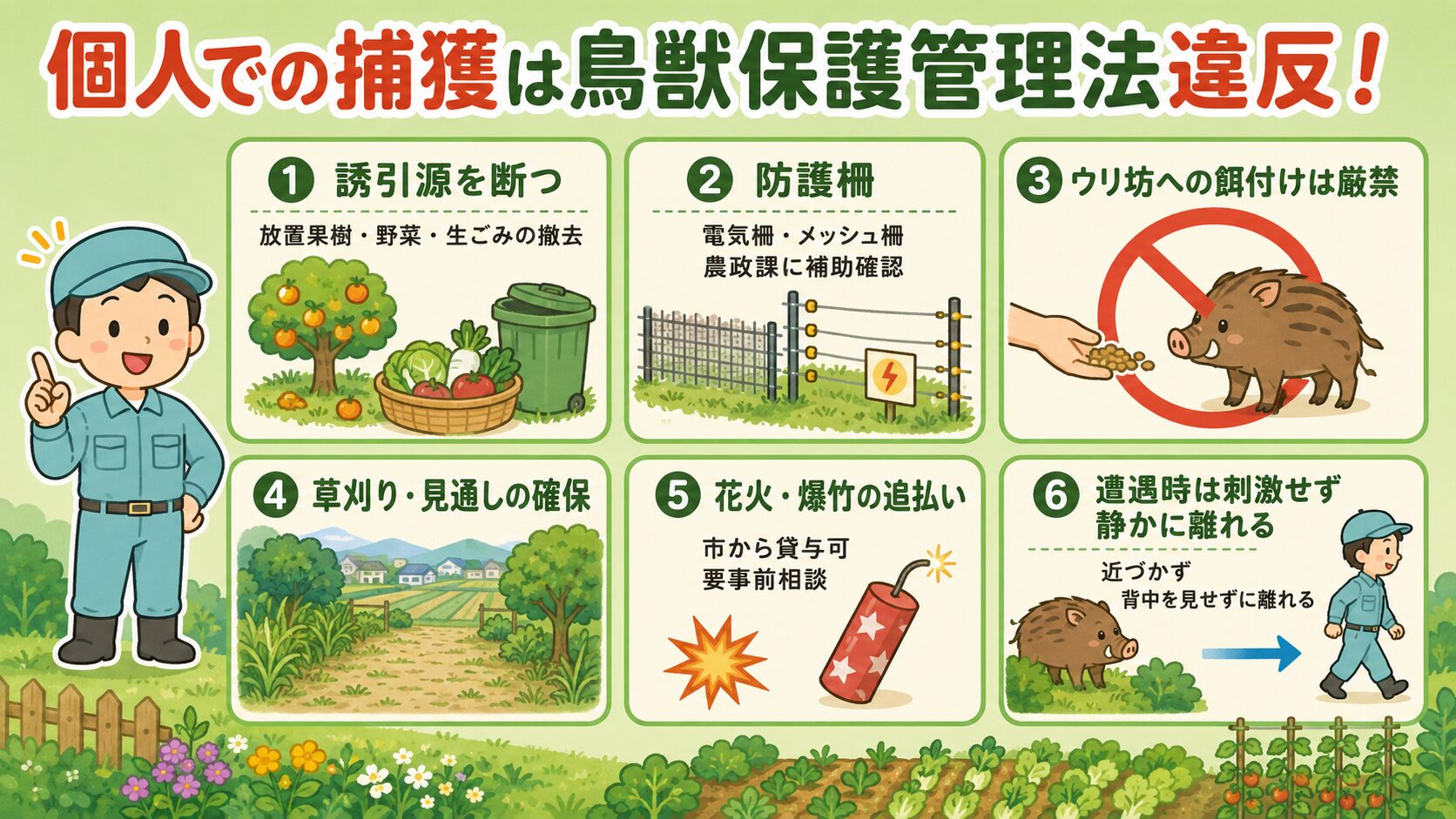自分でできるイノシシの予防・遭遇時対応。庭・畑のイラストとアイコンで6要素を表現。①誘引源を断つ(放置果樹・野菜・生ごみの撤去)、②防護柵(電気柵・メッシュ柵)、③ウリ坊への餌付けは厳禁、④草刈り・見通しの確保、⑤花火・爆竹の追払い(市から貸与可)、⑥遭遇時は刺激せず・近づかず・背中を見せずに静かに離れる。「個人での捕獲は鳥獣保護管理法違反」の注意も配置。