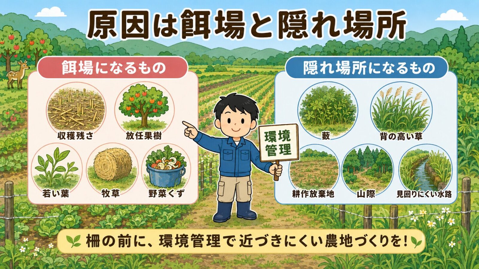 シカが畑に入る原因を、収穫残さや放任果樹などの餌場と、藪や耕作放棄地などの隠れ場所に分けて整理した図解