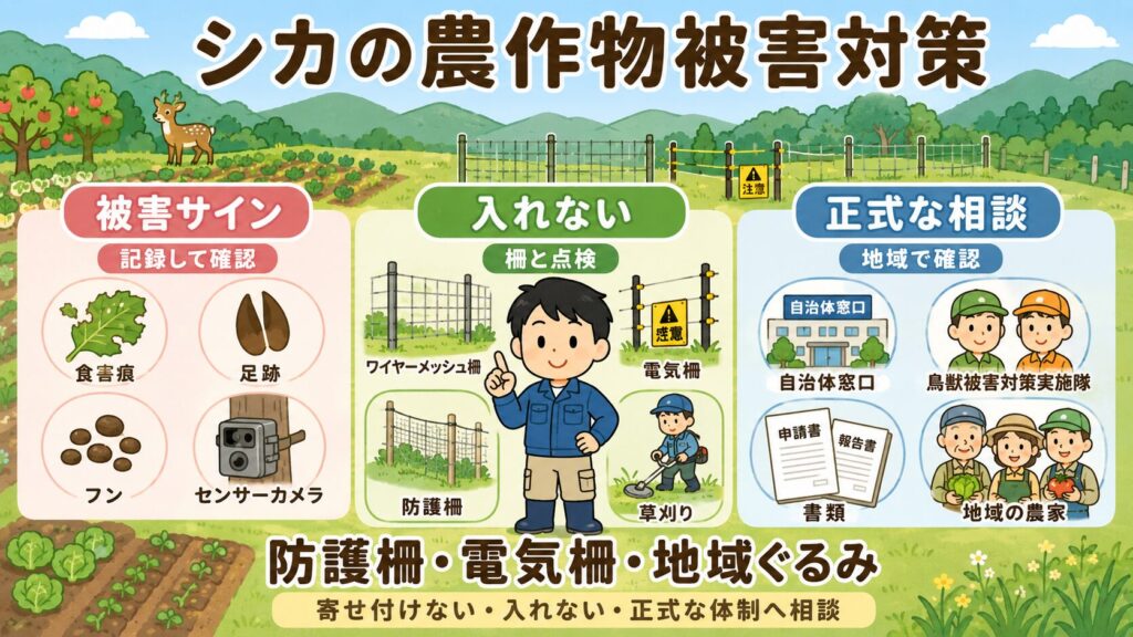 シカの農作物被害対策。被害サイン、防護柵と電気柵、自治体や正式な捕獲体制への相談を整理したアイキャッチ画像