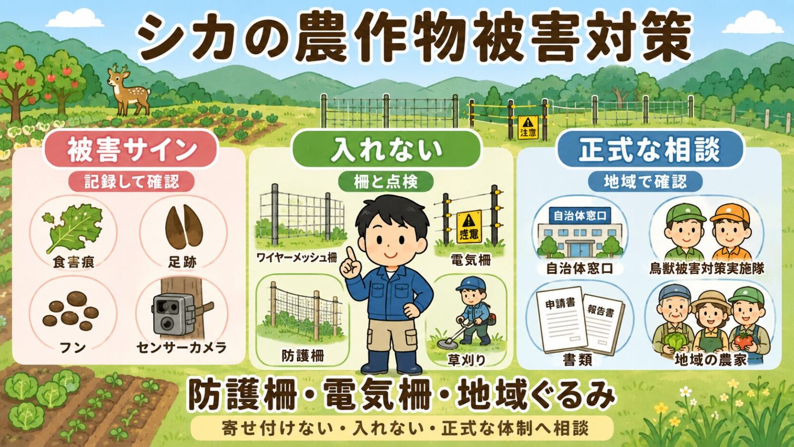 シカの農作物被害対策。被害サイン、防護柵と電気柵、自治体や正式な捕獲体制への相談を整理したアイキャッチ画像