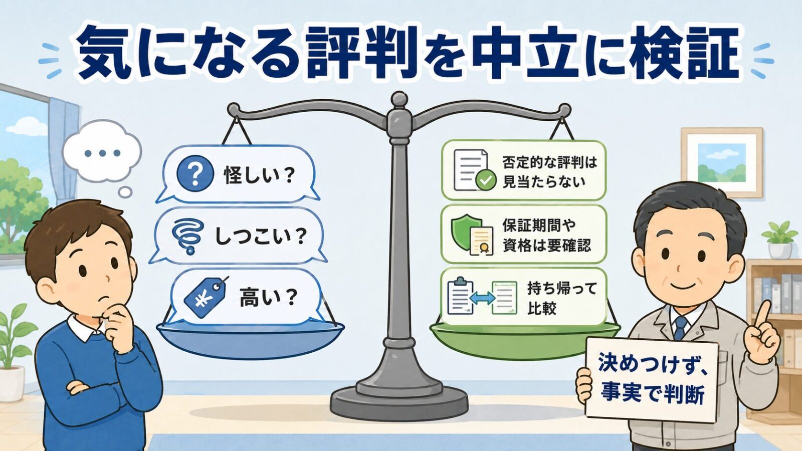 害獣プロガードの気になる評判を中立に検証する図。天秤の左に怪しい・しつこい・高いという気になる声、右に否定的な評判は見当たらない・保証期間や資格は要確認・持ち帰って比較を乗せ、決めつけず事実で判断すると示すいらすとや風イラスト。