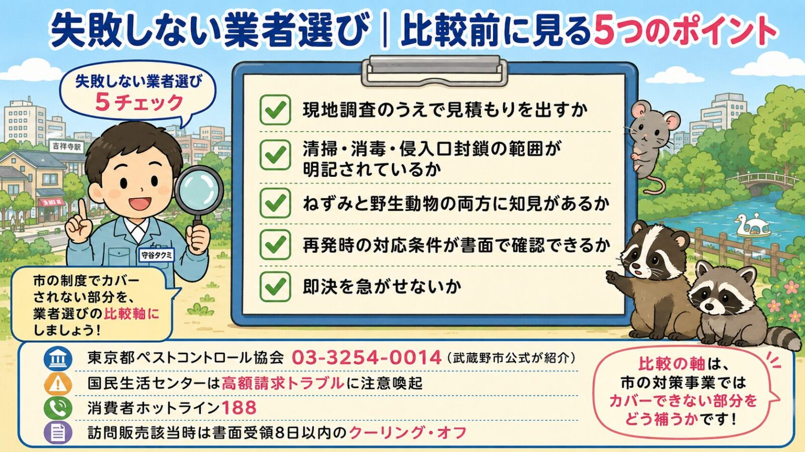 失敗しない業者選び|比較前に見る5つのポイント。<br><br>クリップボードに5つのチェック項目を緑のチェックマーク付きで列挙:①業界団体所属・資格者の有無を直接確認(公益社団法人 東京都ペストコントロール協会 03-3254-0014)/②現地調査の写真・図面説明があるか/③清掃・消毒の有無が見積書に出るか/④保証条件が書面で分かるか/⑤契約を急がせないか(訪問販売該当時は書面受領8日以内のクーリング・オフ)。<br><br>虫眼鏡を持つ作業着男性キャラクター(チビ体型・点目)が左側で説明するポーズ。下部に「国民生活センターはネット表示と実際の請求額が大きく異なる高額請求トラブルに注意喚起/消費者ホットライン188」の注記。パステルブルー背景。