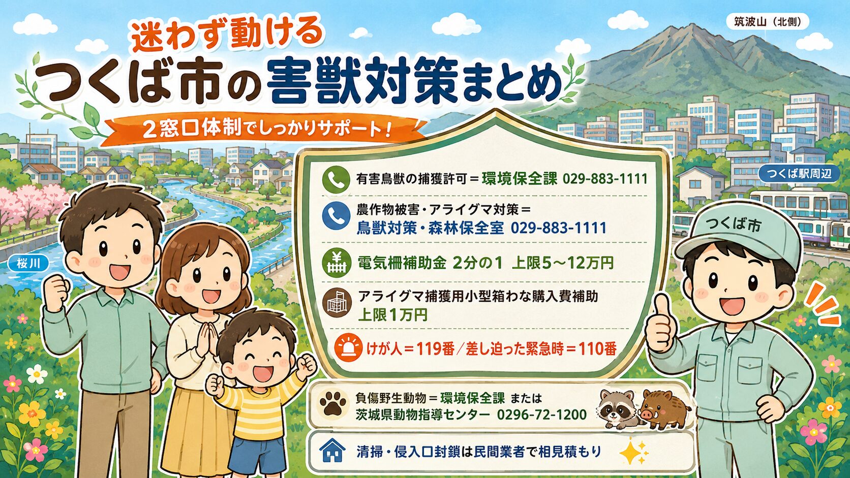 まとめ:害獣別×公式窓口。家族(夫婦と子ども)が安心した笑顔で並び、中央のシールド型アイコンに「家屋被害=環境保全課 029-883-1111(小型箱ワナ貸出・市が捕獲個体を回収し県に引渡し)/農作物被害=鳥獣対策・森林保全室 029-883-1111(電気柵補助金1/2・上限5〜12万円)/けが人=119番/差し迫った緊急時=110番/清掃・侵入口封鎖は民間業者で相見積もり」を明示。作業着男性キャラクターが親指を立てる。背景につくば市の住宅地・筑波山・桜川。