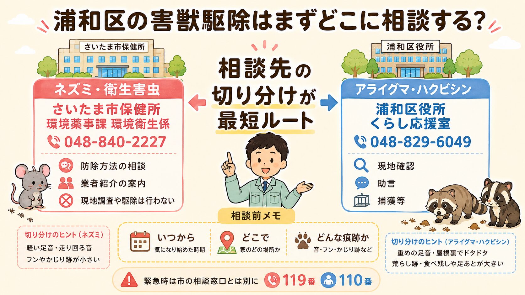 浦和区で害獣被害に気づいたときの相談先整理イメージ