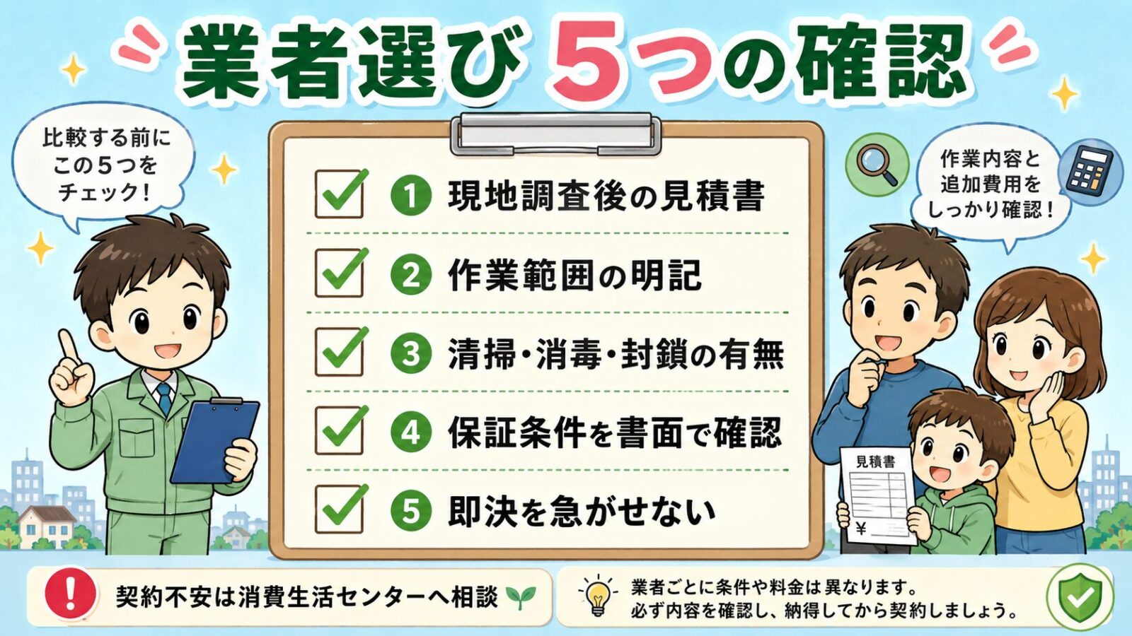 調布市で害獣駆除業者を選ぶ前に見る5つのポイントを、見積書、作業範囲、清掃消毒、保証条件、即決回避で整理した図解