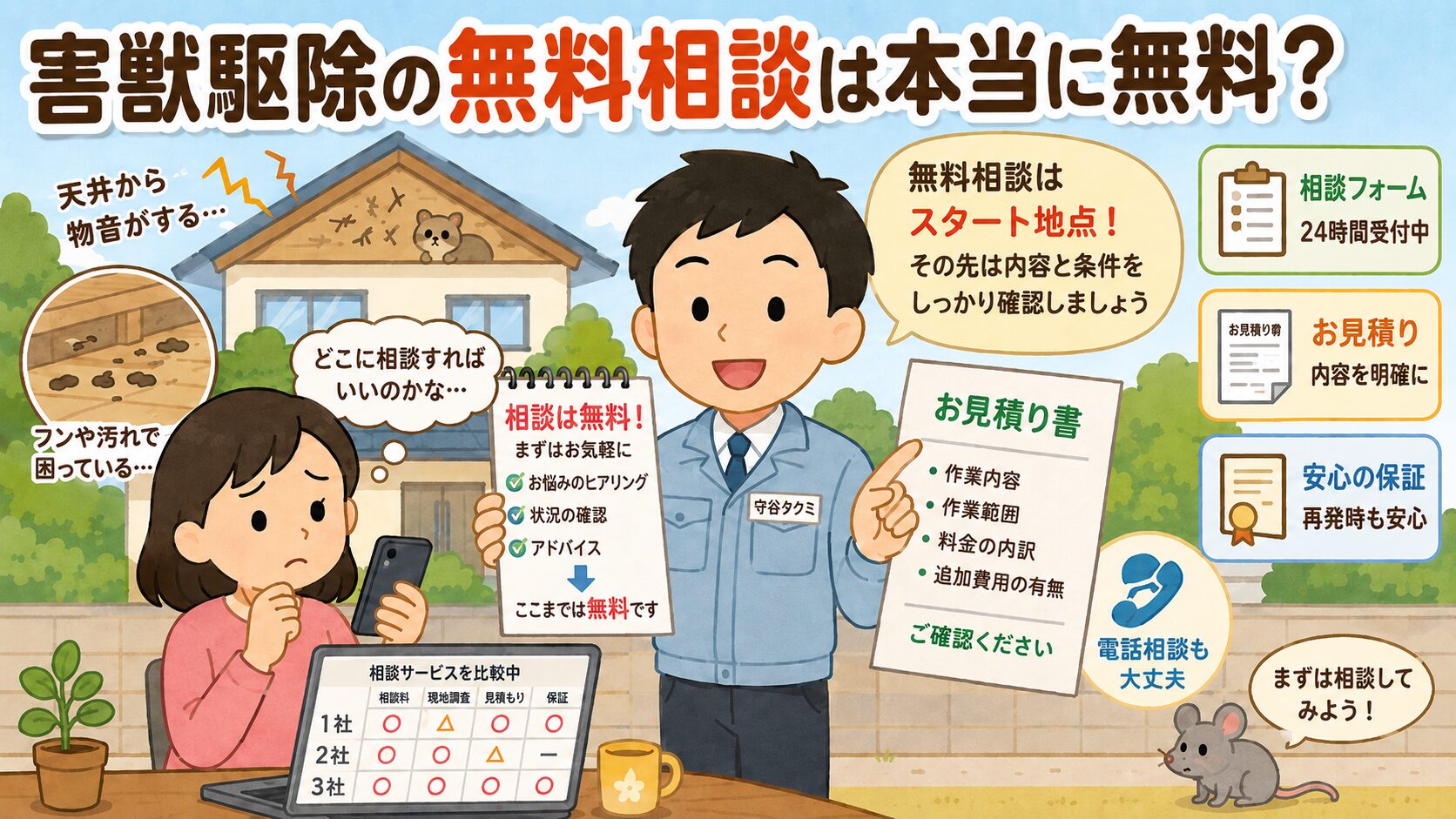 害獣駆除の無料相談について、電話やメール、現地調査の違いと相談先選びのポイントをやさしく図解したアイキャッチ画像