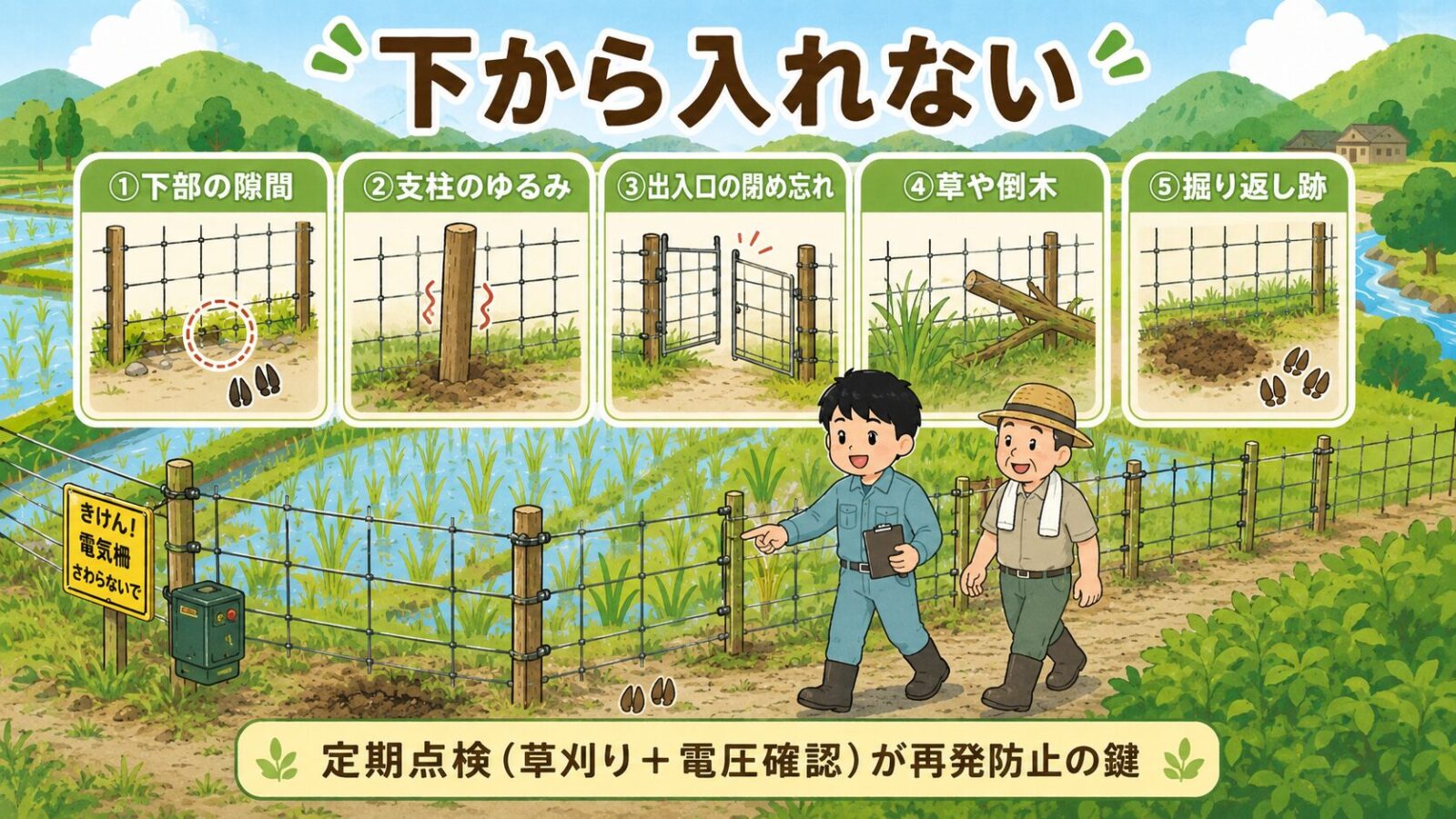 イノシシ対策で柵の下から入らせないために確認したい、下部の隙間、支柱、出入口、草や倒木、掘り返し跡を整理した図解