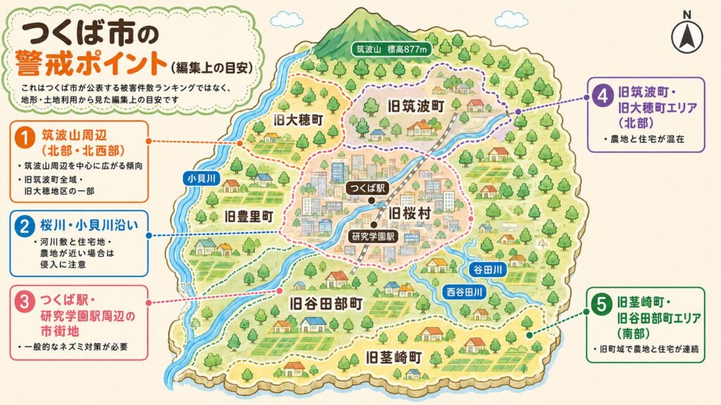 つくば市の地域別害獣警戒ポイント。茨城県南西部に位置する地形を表現し、西部の筑波山(イノシシ生息域)、市内を流れる桜川・小貝川、つくば駅・研究学園駅周辺の市街地、北部の旧筑波町エリア、南部の旧茎崎町エリア、東部の旧谷田部町エリアを地図イラストで表現。「これは公式の被害件数ランキングではなく、地形・土地利用から見た編集上の目安です」の注記入りインフォグラフィック。
