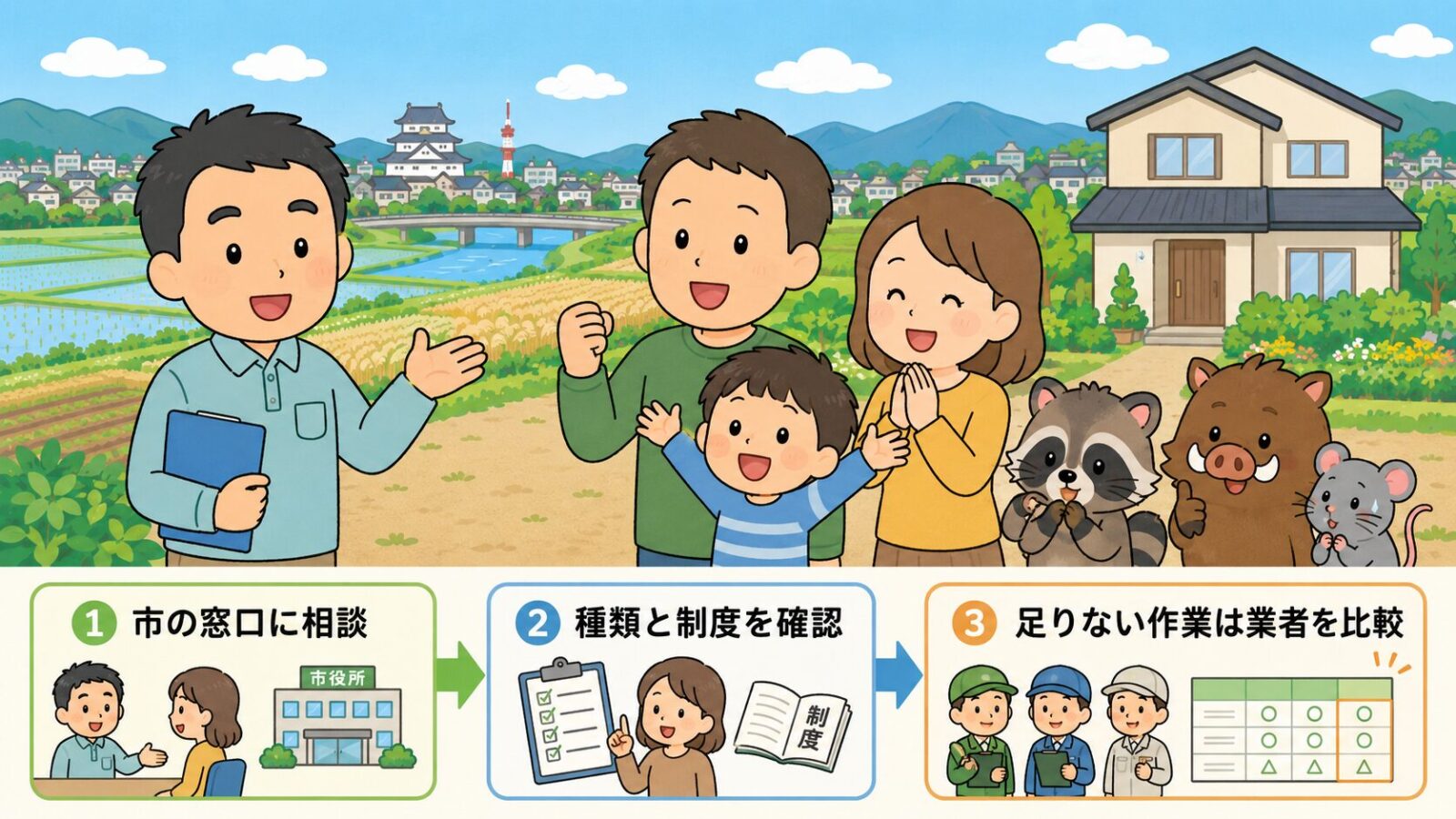 小山市の害獣駆除のまとめ図。公式窓口への相談から業者選びまでとして、市の窓口に相談・害獣の種類と制度を確認・足りない作業は業者を比較の3ステップと、捕獲は市の制度で建物側は民間業者・費用は参考相場で現地調査で変動・急がず複数社を比較という注意を、解決後の家族の笑顔とともに示すいらすとや風イラスト。