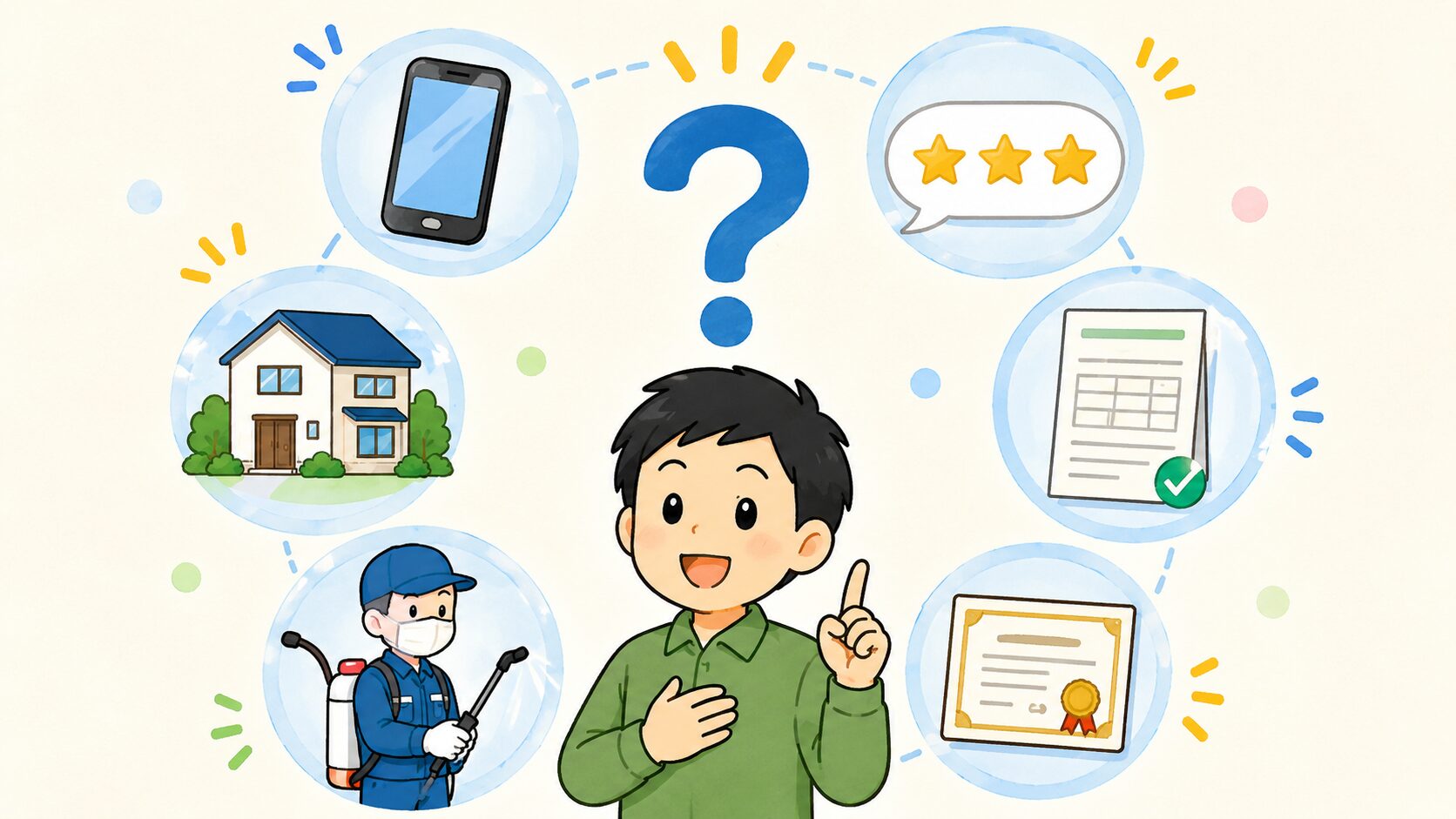 害獣駆除業者の口コミランキングに関する疑問を整理し、質問と回答を確認して不安を解消していく様子を表現したFAQ用H2画像。