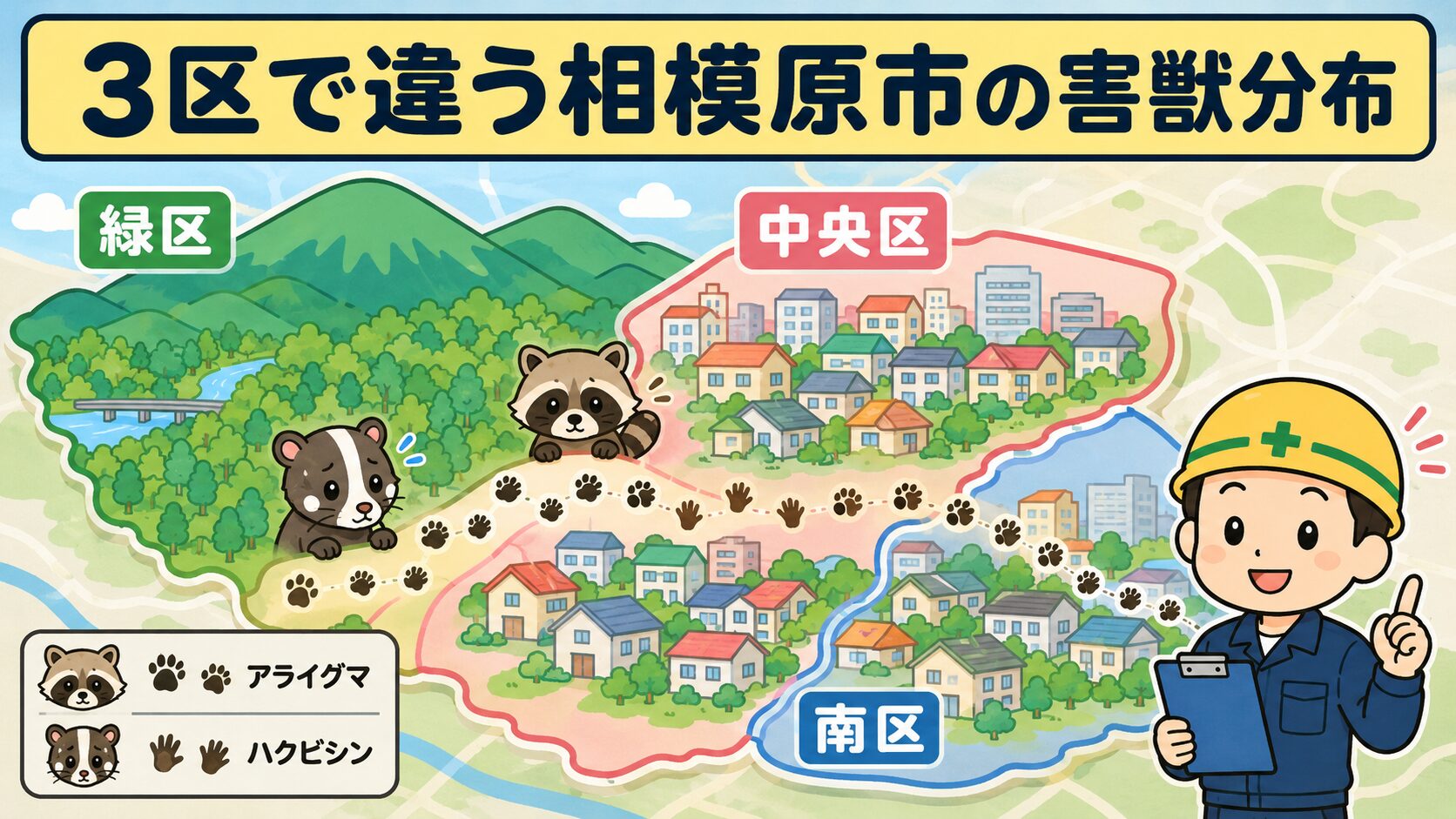 相模原市の3区(緑区・中央区・南区)と山林・住宅地の混在を表現したインフォグラフィック。緑区の山並みと中央区・南区の住宅街が地図に色分けされ、屋根裏に困った顔のハクビシンキャラクターと畑のアライグマキャラクターが描かれた、いらすとや風のフラット2Dイラスト。