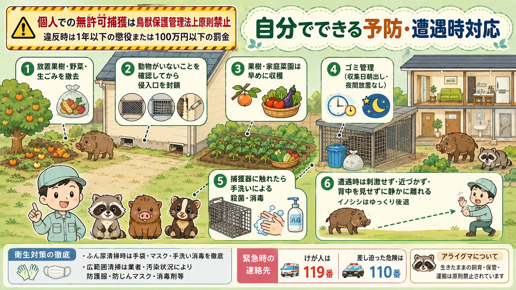 自分でできる害獣の予防・遭遇時対応。庭・畑・住宅断面図のイラストとアイコンで6要素を表現。①誘引源を断つ(放置果樹・野菜・生ごみの撤去)、②侵入口を塞ぐ(動物が残っていないことを確認後)、③ゴミ管理(収集日朝出し・夜間放置なし)、④果樹保護(ネット設置)、⑤捕獲器に触れたら手洗い消毒、⑥遭遇時は刺激せず・近づかず・背中を見せずに静かに離れる。「個人での無許可捕獲は鳥獣保護管理法違反(懲役・罰金対象)」の注意も配置。