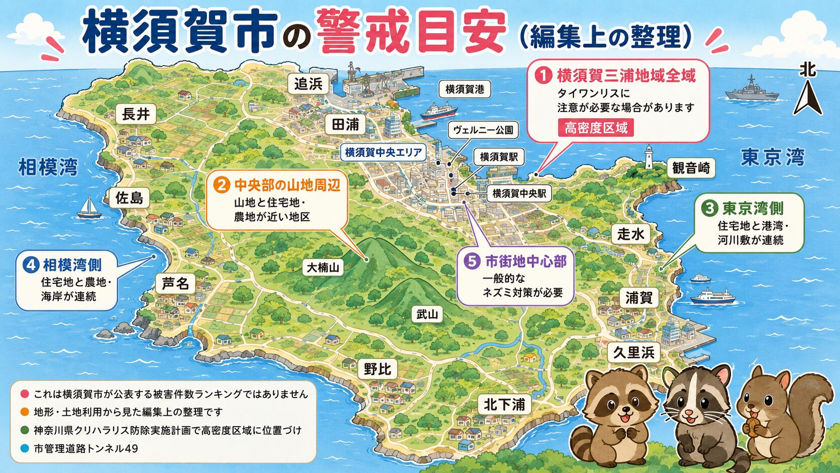 横須賀市の地域別害獣警戒ポイント。<br><br>神奈川県南東部・三浦半島の中央部に位置する地形を表現し、東側の東京湾(浦賀水道)・西側の相模湾・中央部の大楠山(標高約242m・三浦半島最高峰)・武山などの山地・追浜・田浦・横須賀中央・浦賀・久里浜(東京湾側)・長井・佐島・芦名(相模湾側)の地区を地図イラストで表現。<br><br>「神奈川県クリハラリス防除実施計画の高密度区域(横須賀市・鎌倉市・逗子市・三浦市・葉山町)」の注記入り。<br><br>「これは公式の被害件数ランキングではなく、地形・土地利用から見た編集上の整理です」の注記入りインフォグラフィック。